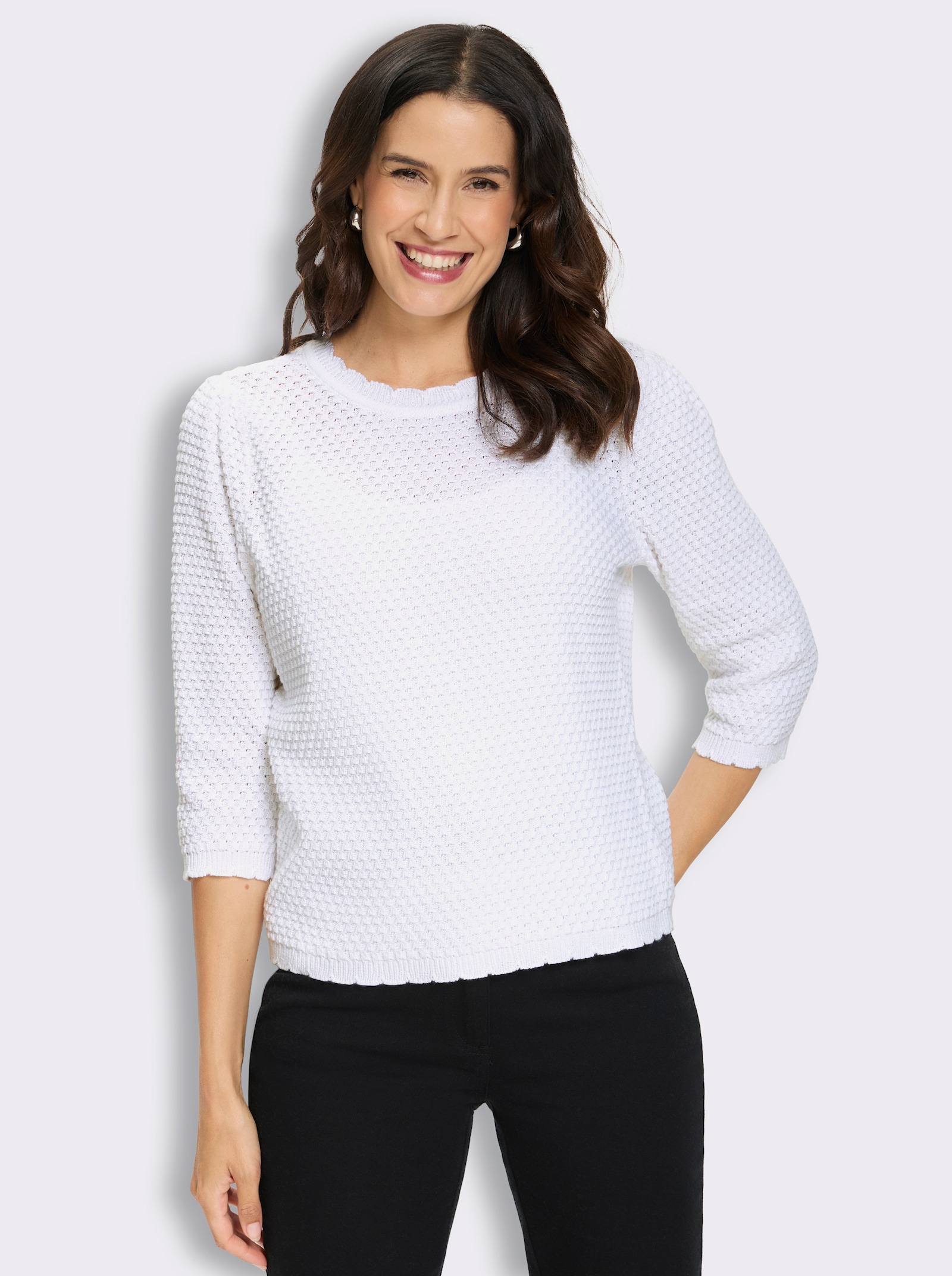 3/4-Arm-Pullover mit Struktur-Strickmuster - weiß