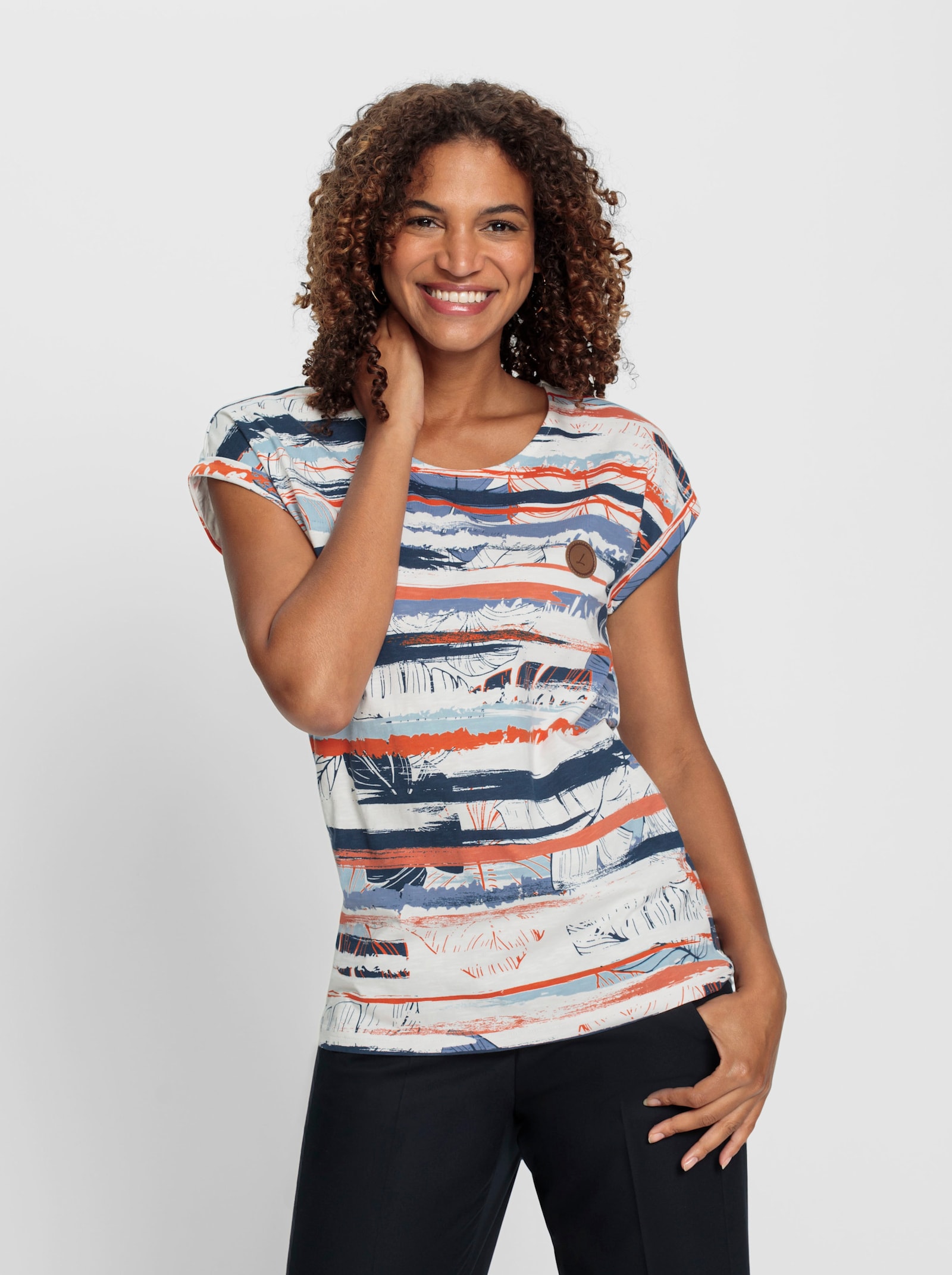 T-shirt imprimé avec ourlet arrondi devant - bleu foncé-papaye imprimé