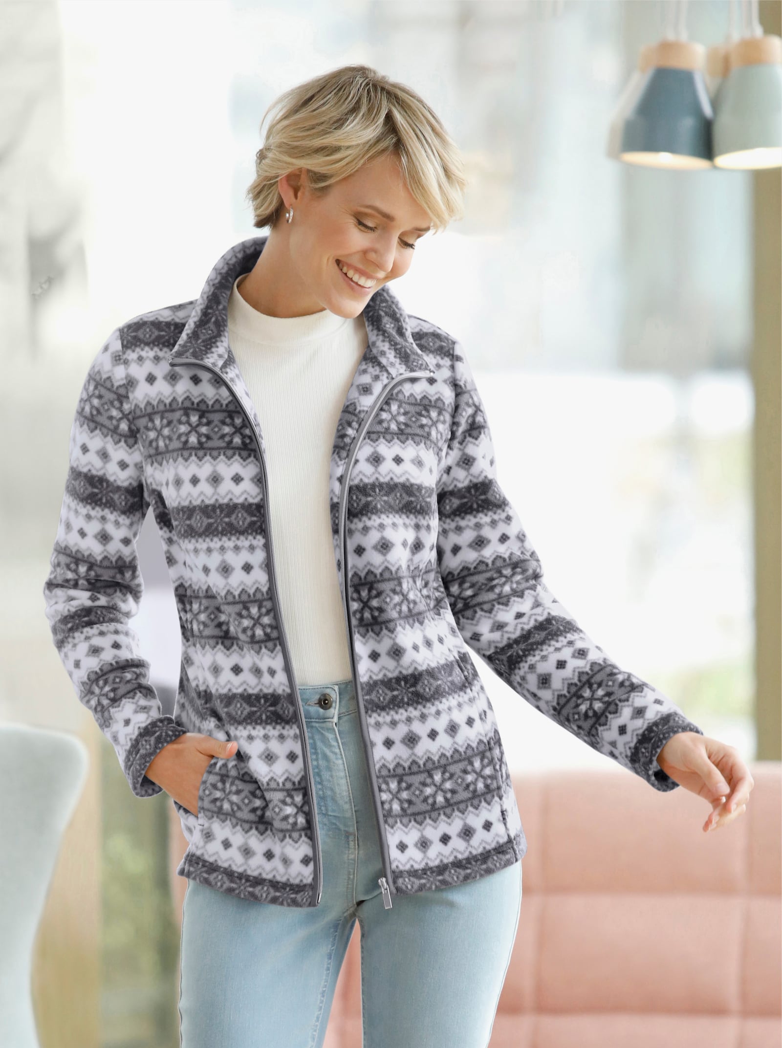 Fleecejacke im Norweger-Stil - ecru-anthrazit-bedruckt