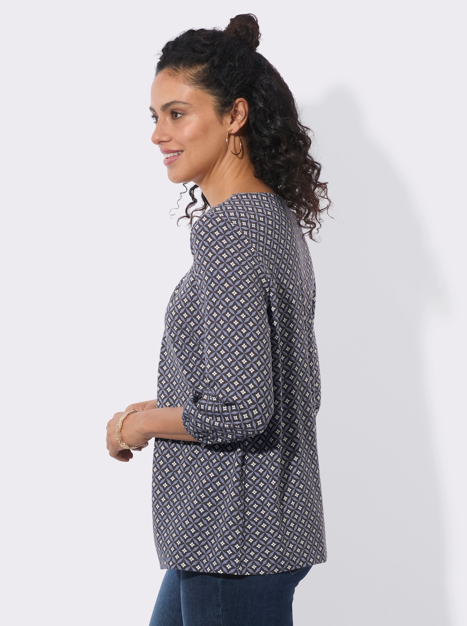  3/4-Arm-Shirt mit Gummizug am Ärmel - taubenblau-graphit-bedruckt