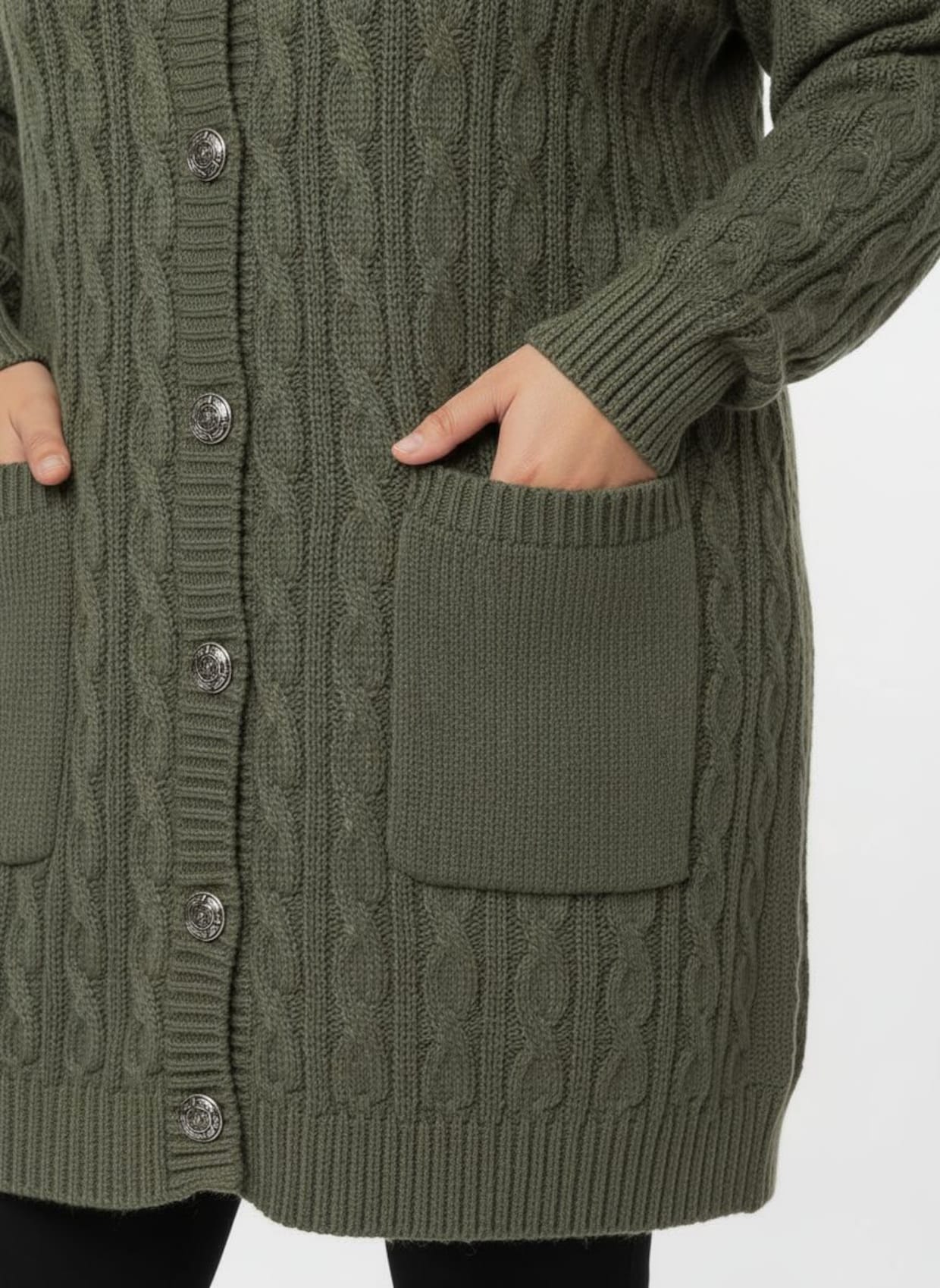 Longstrickjacke mit Zopfmuster - khaki