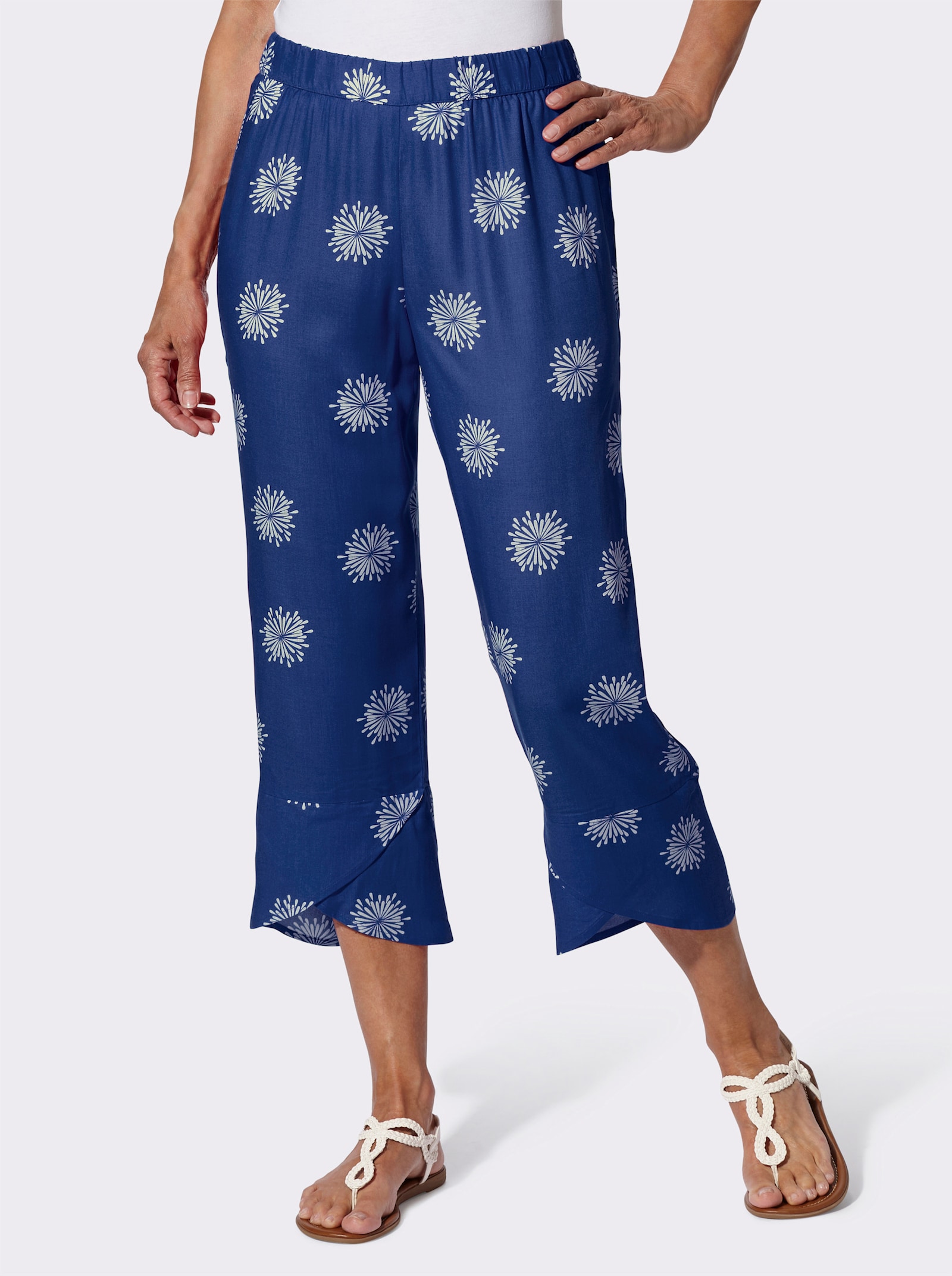 7/8 kalhoty s překříženým dolním lemem - královská modrá-bílá-potisk