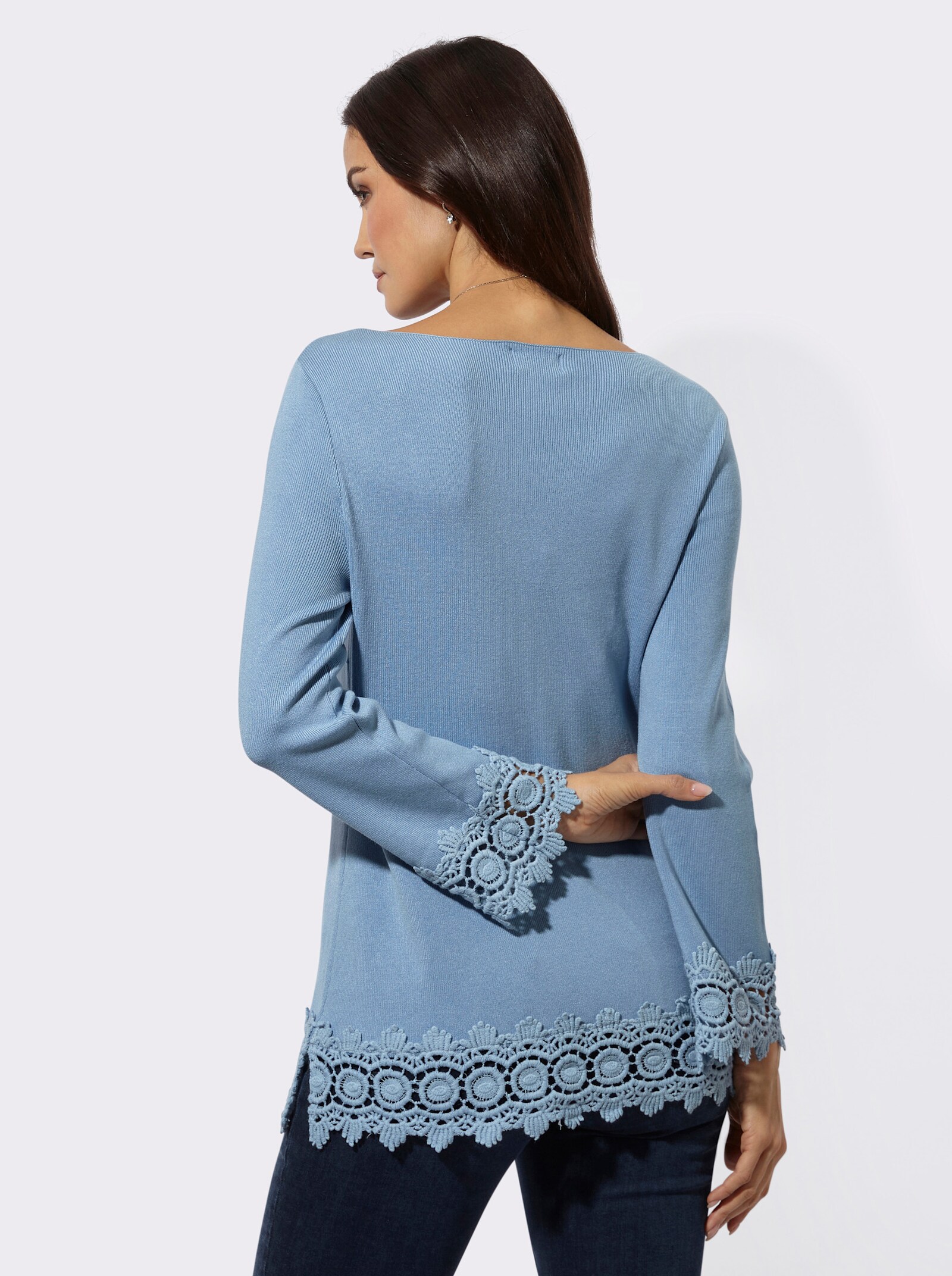 Langarm-Pullover mit Spitzenbordüre - eisblau