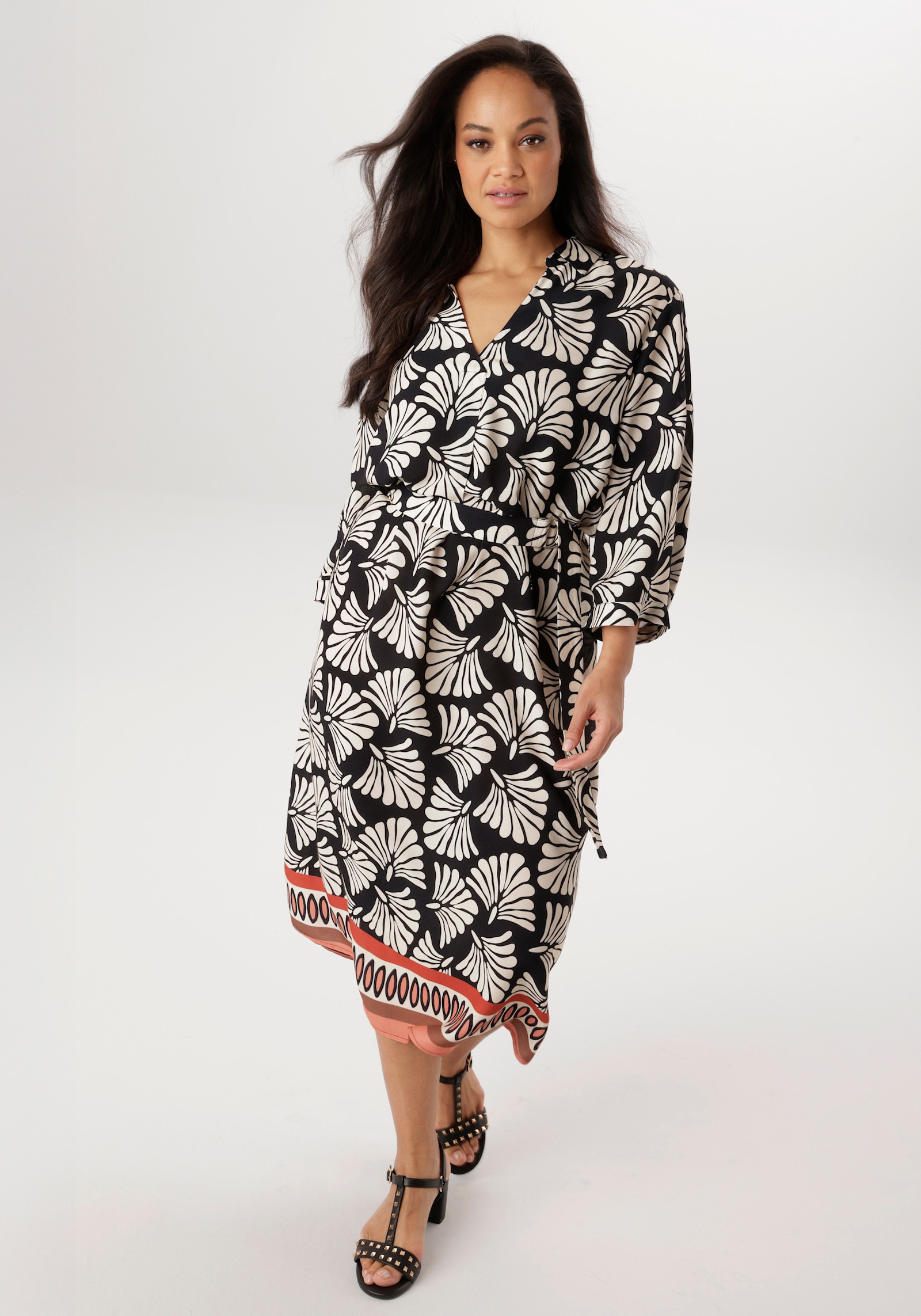 Aniston PLUS Blusenkleid - schwarz-weiß-orange