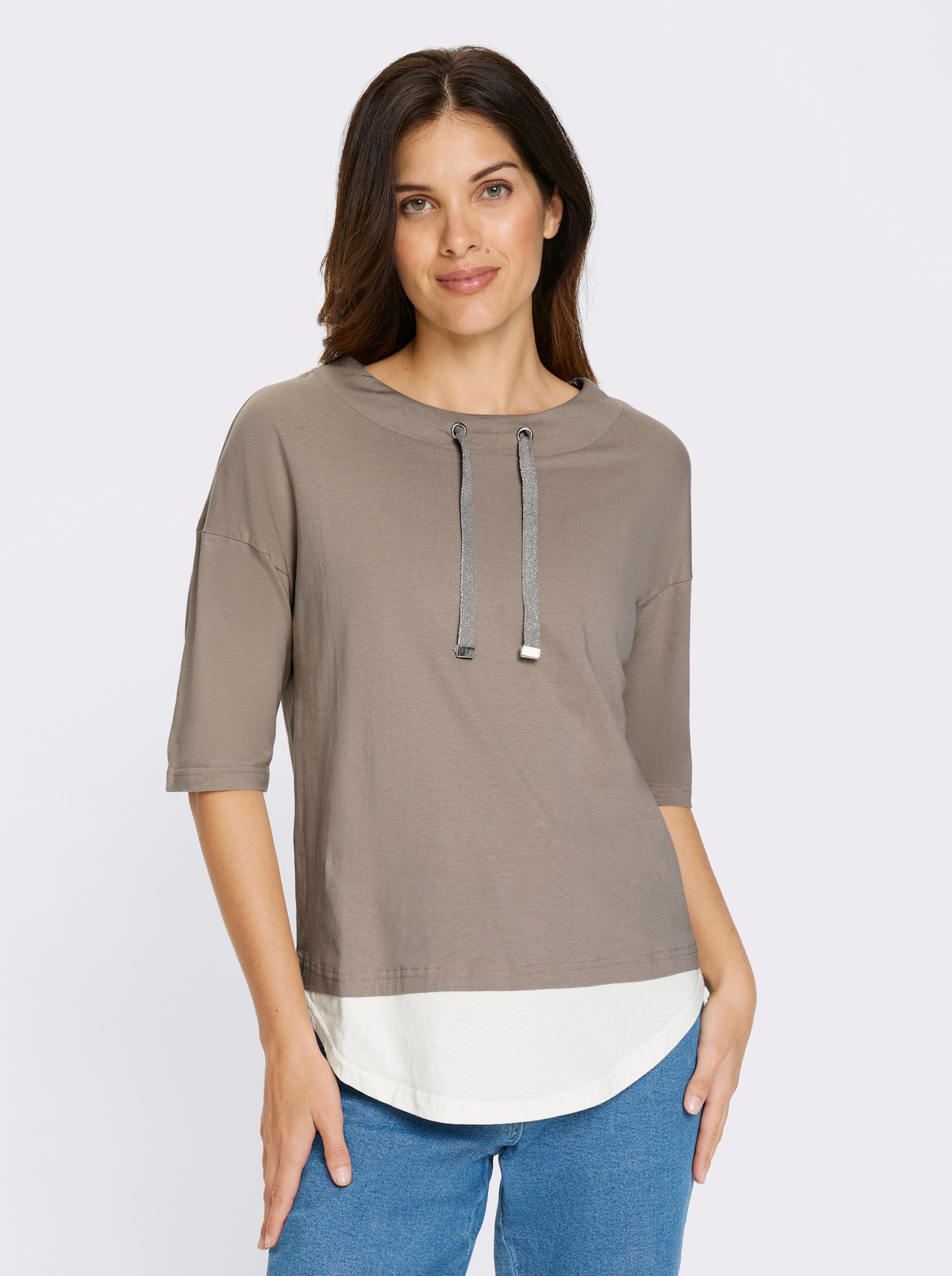 Shirt met korte mouwen in 2-in-1-look - sesam/ecru
