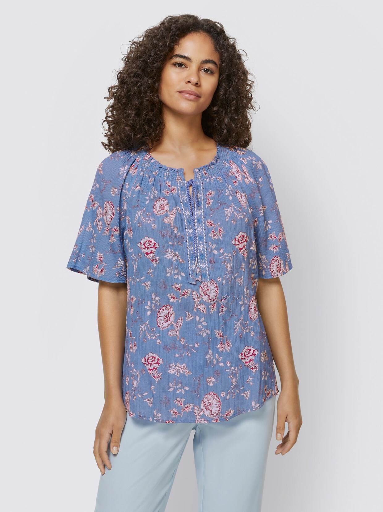 Linea Tesini Bluse - mittelblau-bordeaux-bedruckt