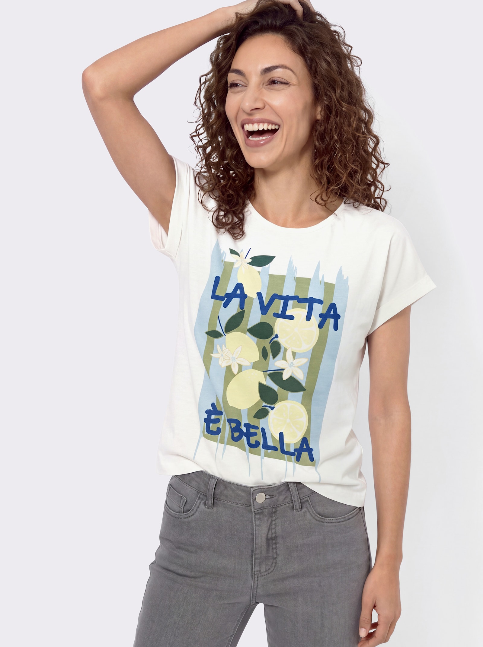 Shirt mit überschnittenen Schultern - ecru-royalblau-bedruckt