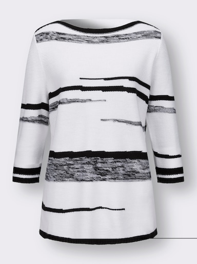 3/4 Arm-Pullover mit U-Boot-Ausschnitt - weiß-schwarz-gemustert