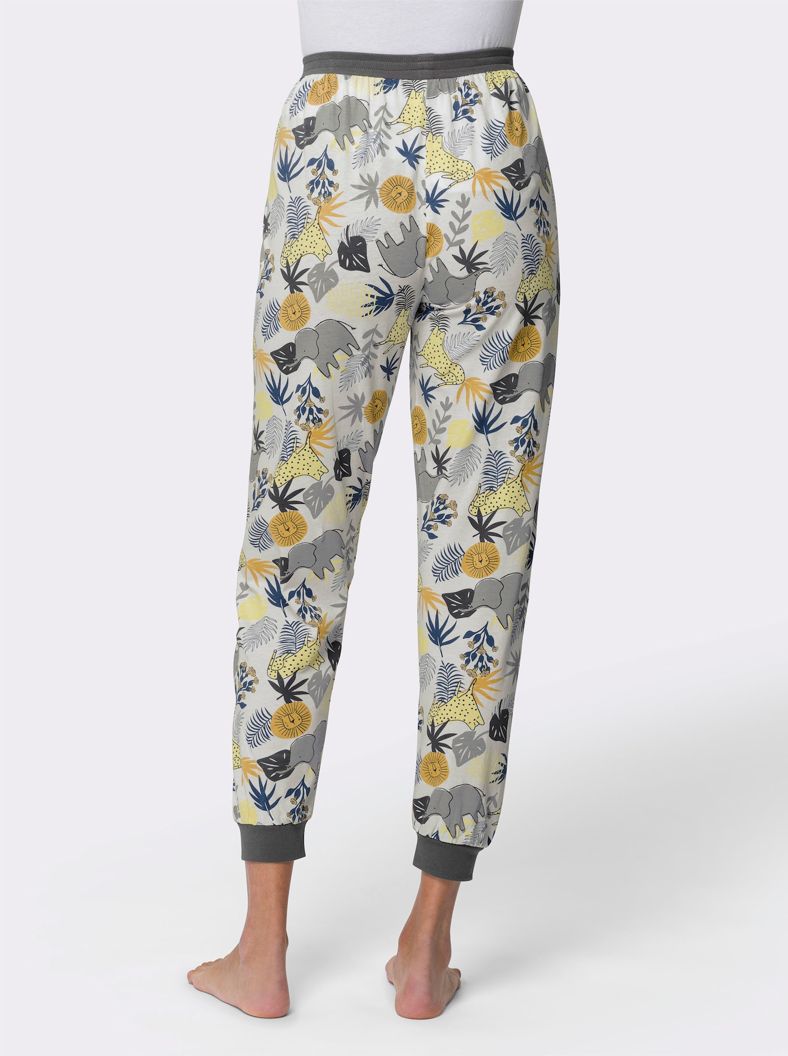 Schlafanzughose mit elastischen Kontrast-Bündchen - ecru-zitrone-bedruckt
