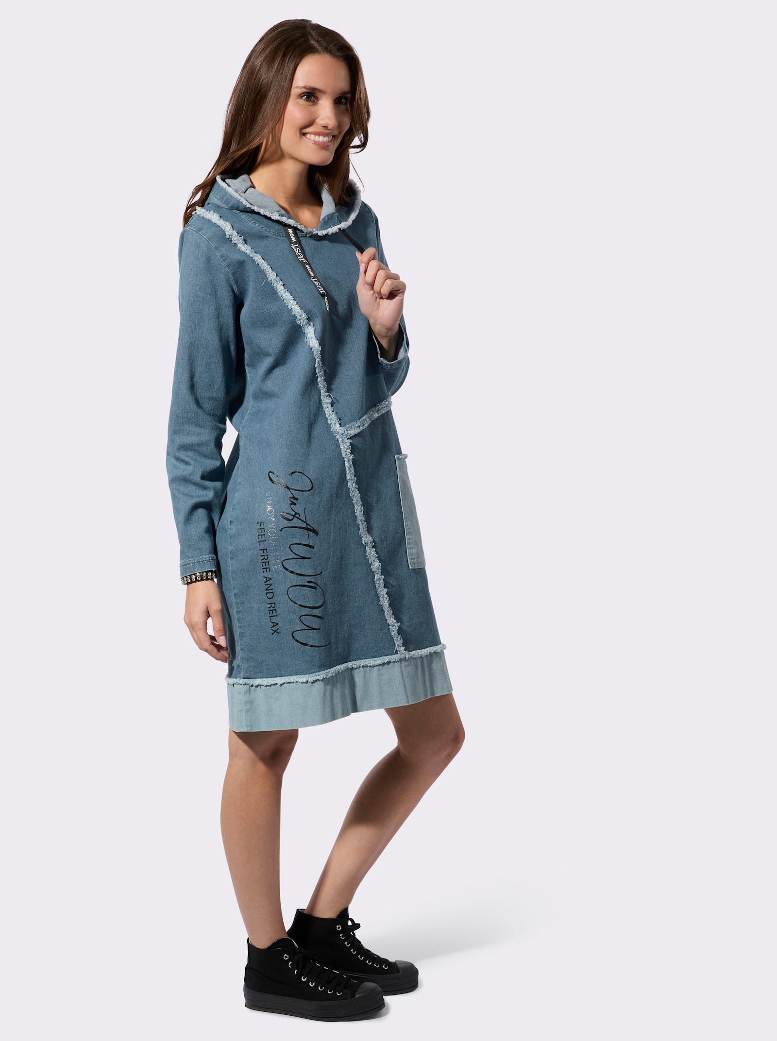 Jeanskleid mit Fransen-Verzierung - blue-bleached