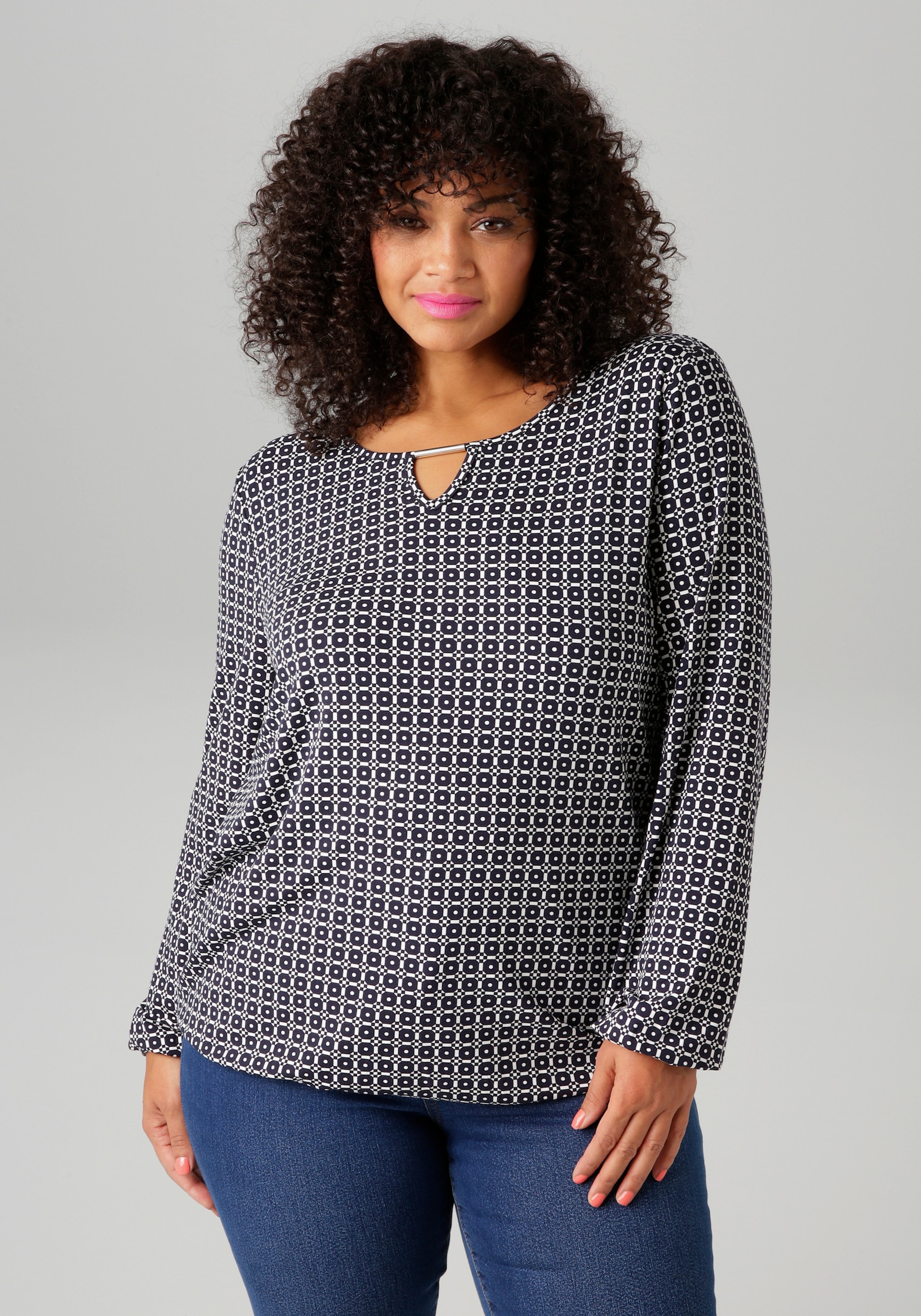 Aniston PLUS Langarmshirt - schwarz-weiß