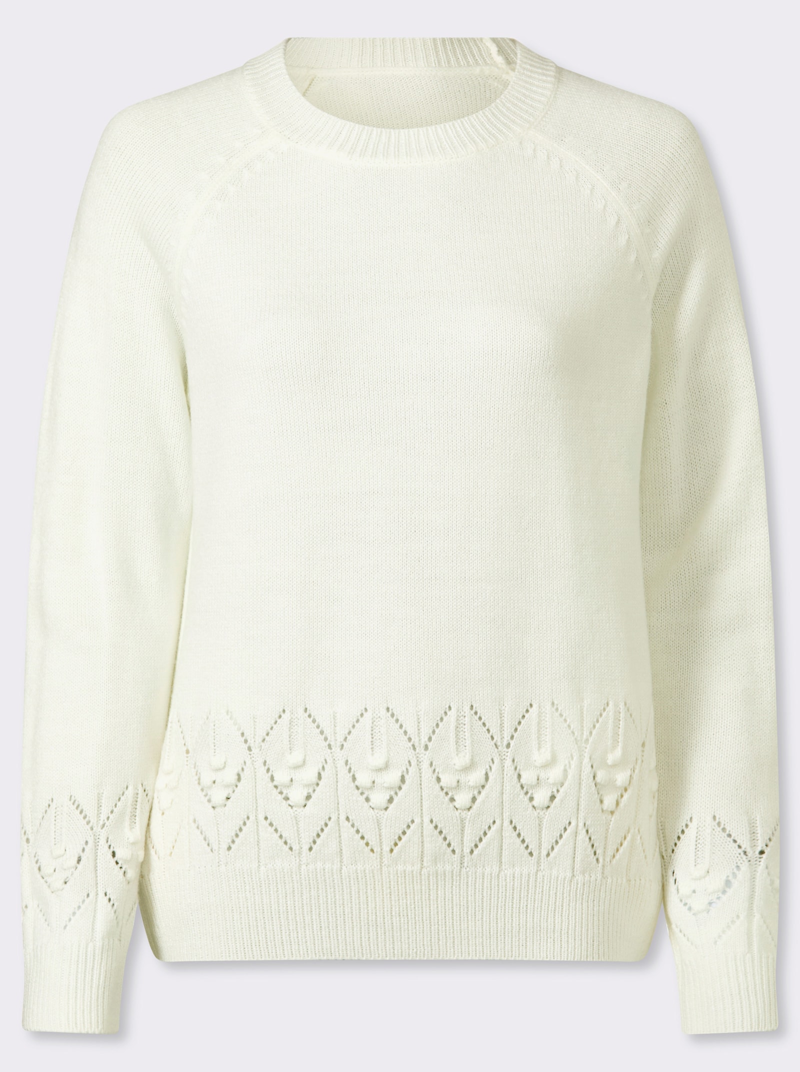 Langarm-Pullover mit Strickmuster im Vorderteil - ecru