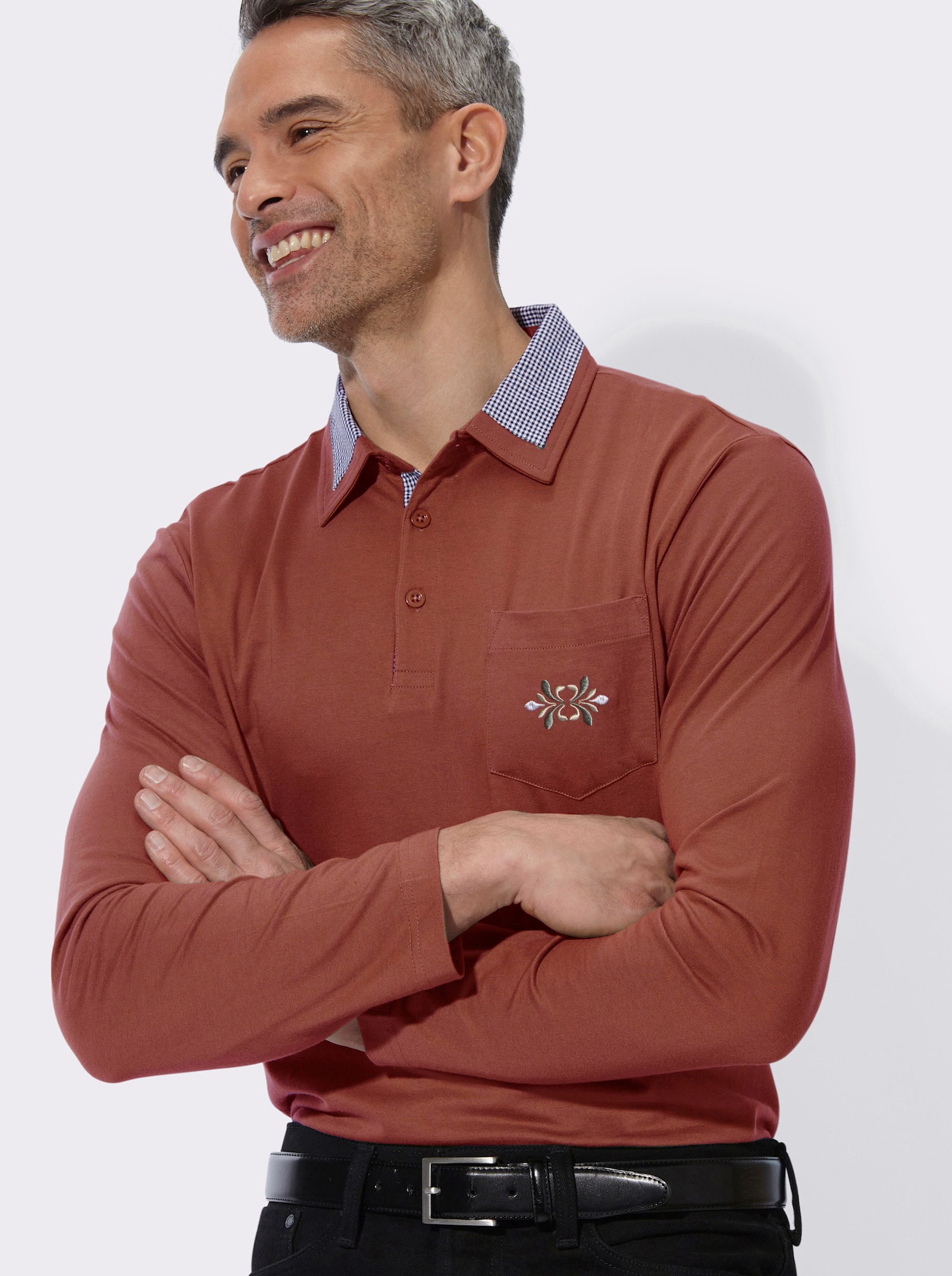 Langarm-Poloshirt mit Webkaro-Details - rotbraun