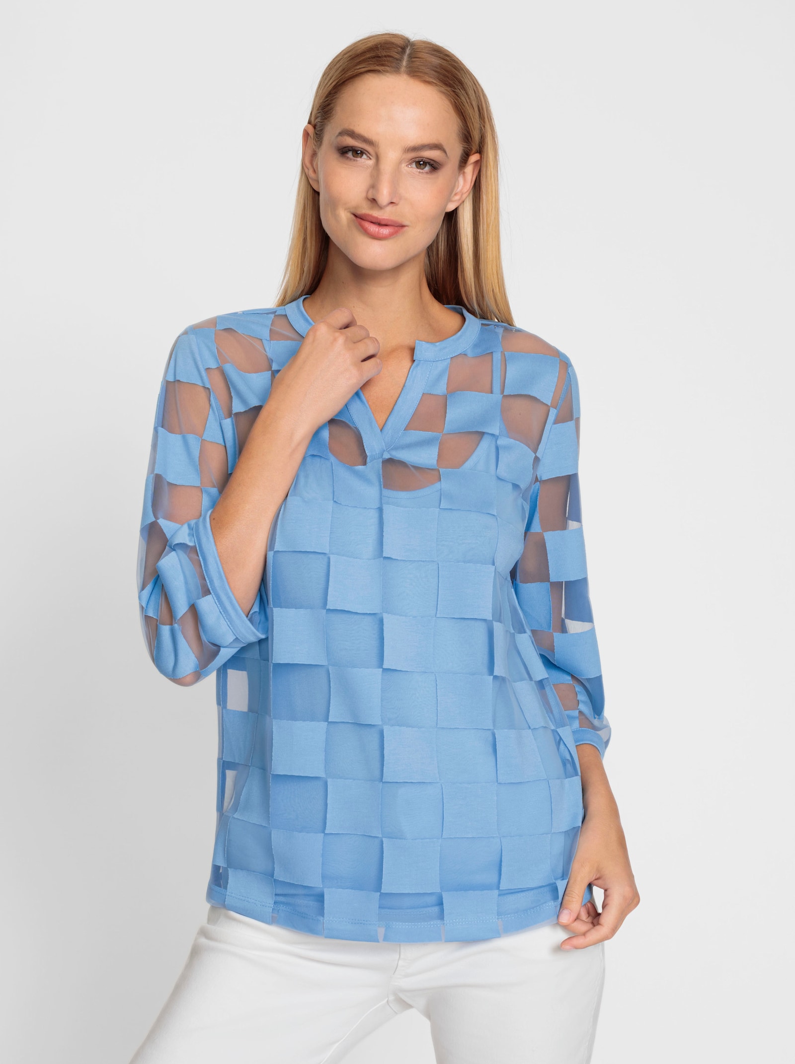 heine 3/4-Arm-Shirt mit Ausbrenner-Optik - himmelblau-kariert