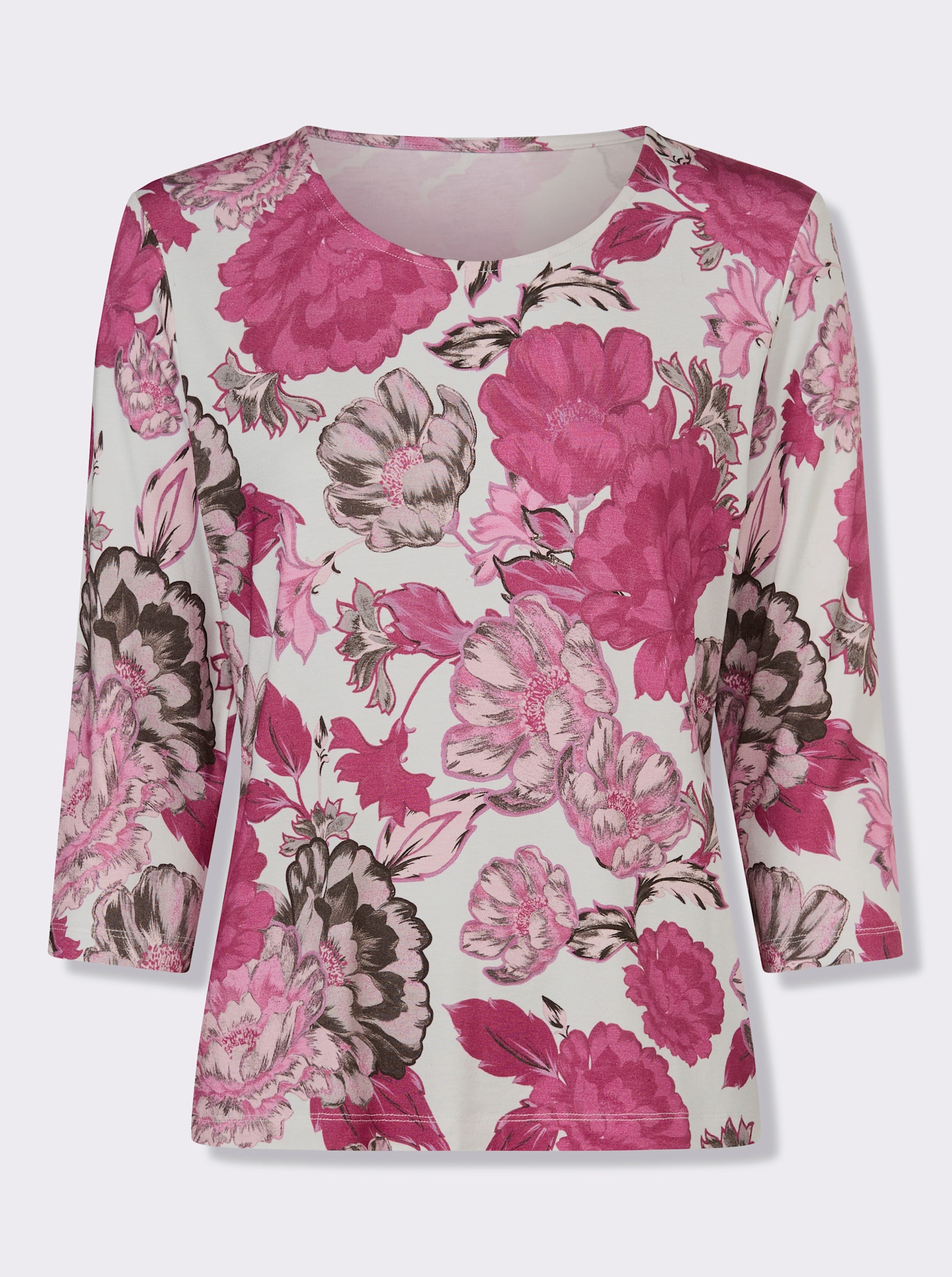 Rundhalsshirt mit Viskose - ecru-fuchsia-bedruckt