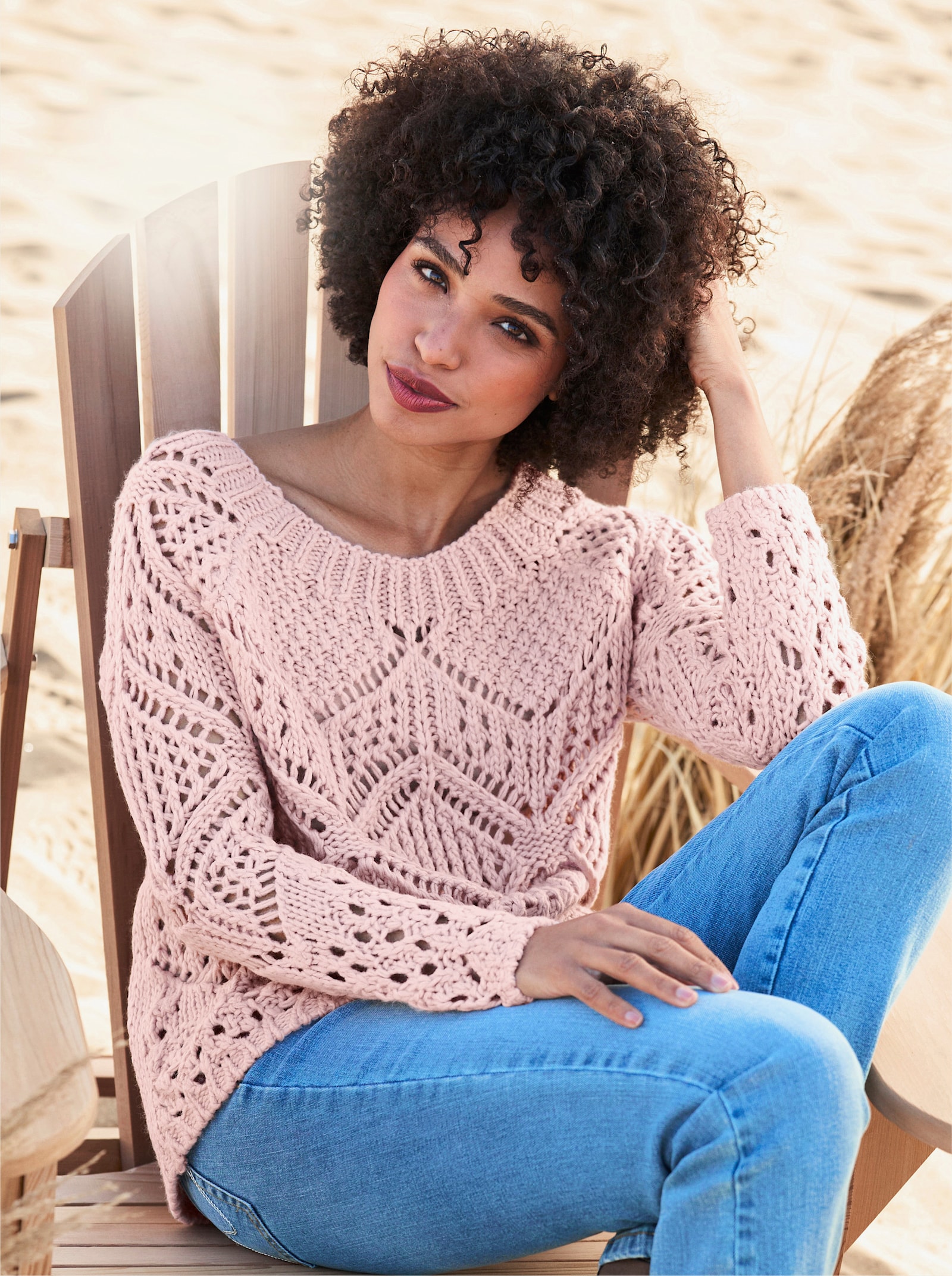 heine Ajourpullover mit Raglan-Ärmeln - puder