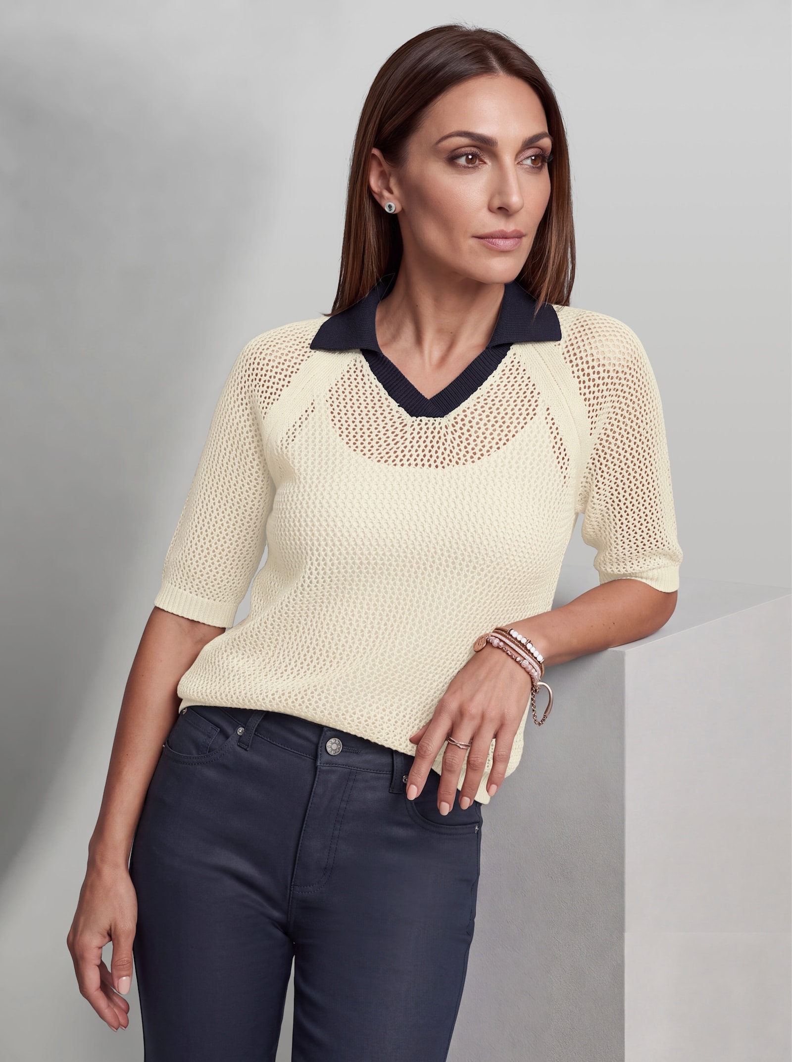 heine Ajourpullover mit Polokragen - champagner