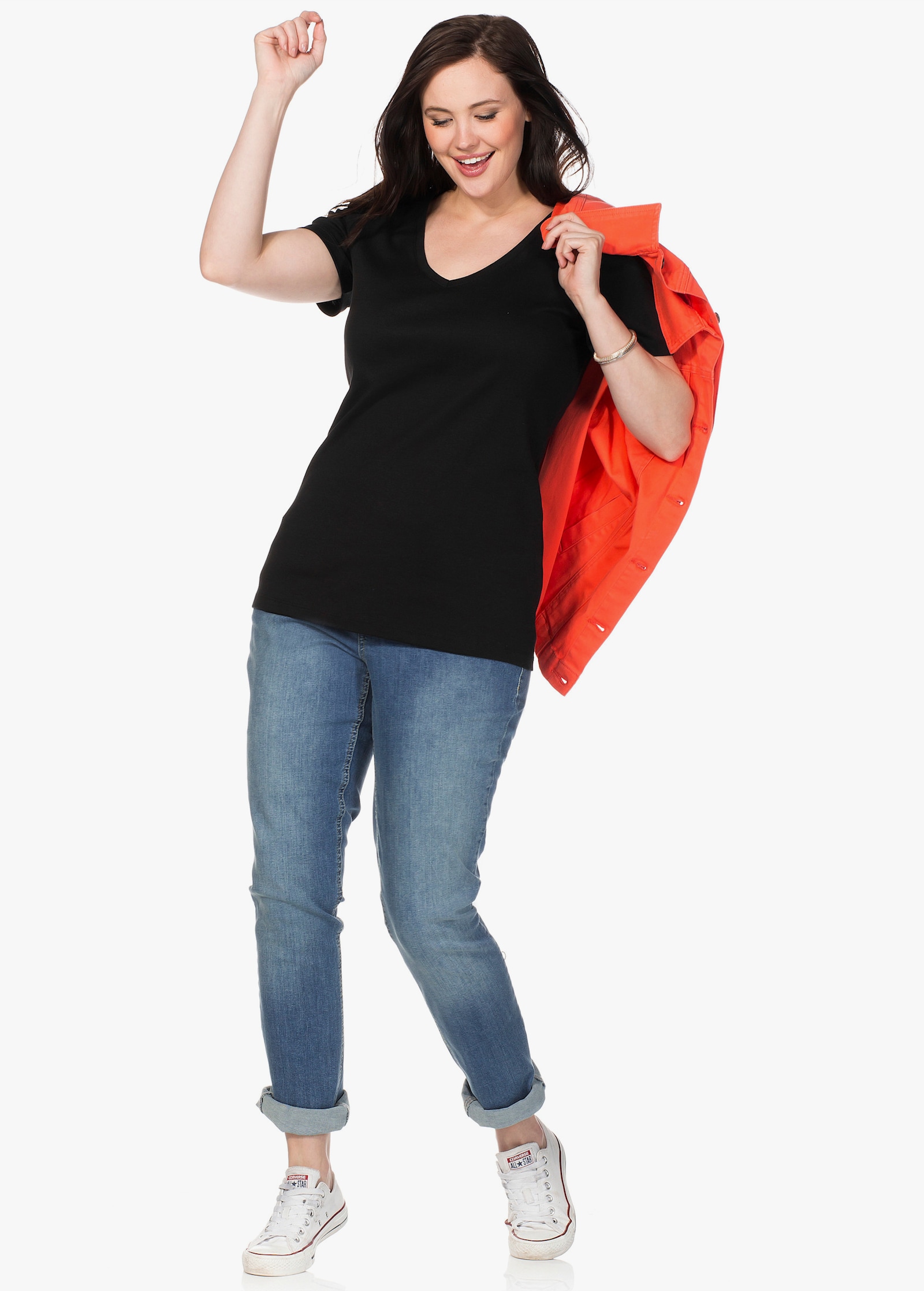 sheego T-Shirt mit V-Ausschnitt, Rippqualität - schwarz