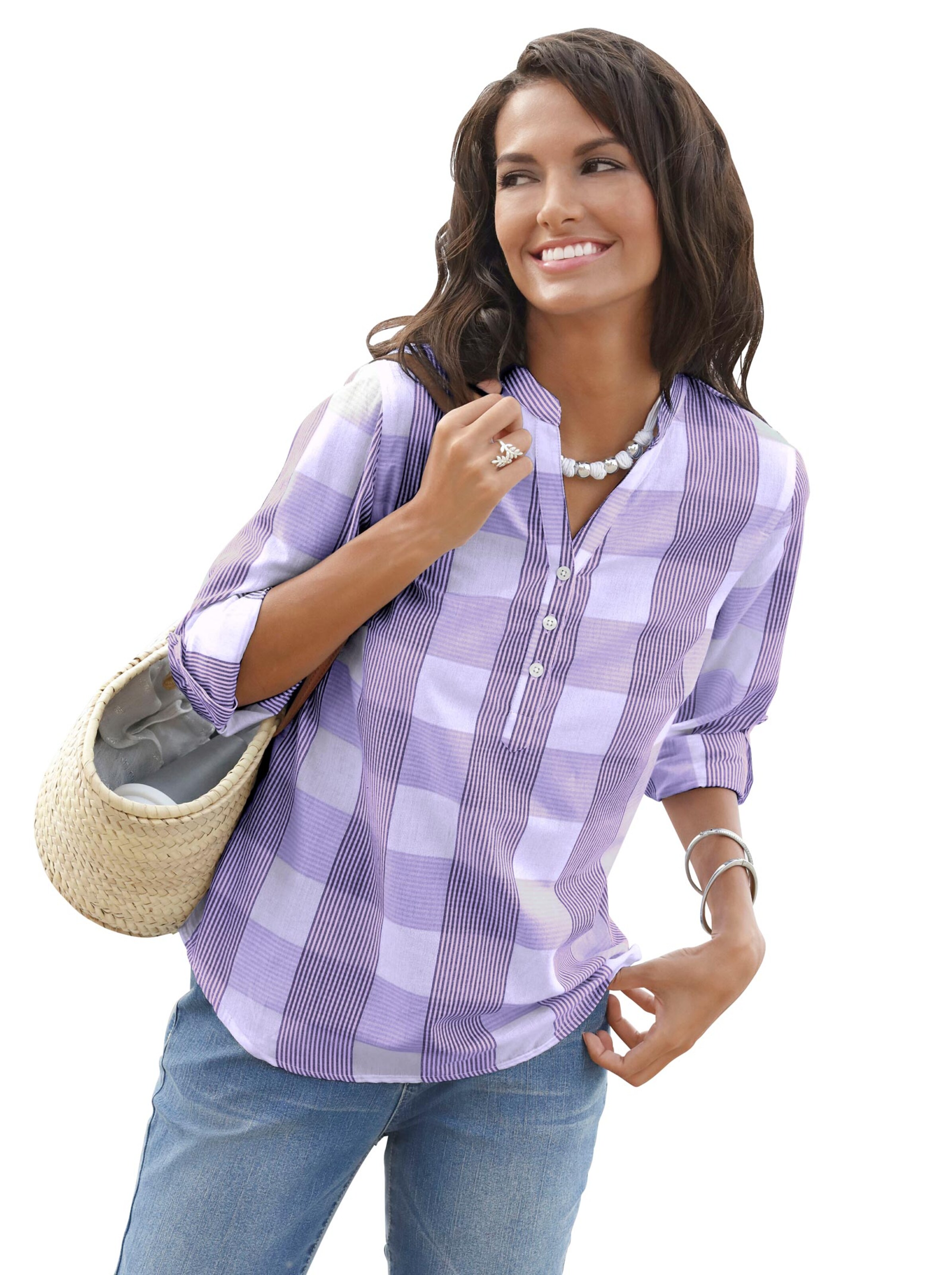 Baumwollbluse - lavendel-weiß-kariert
