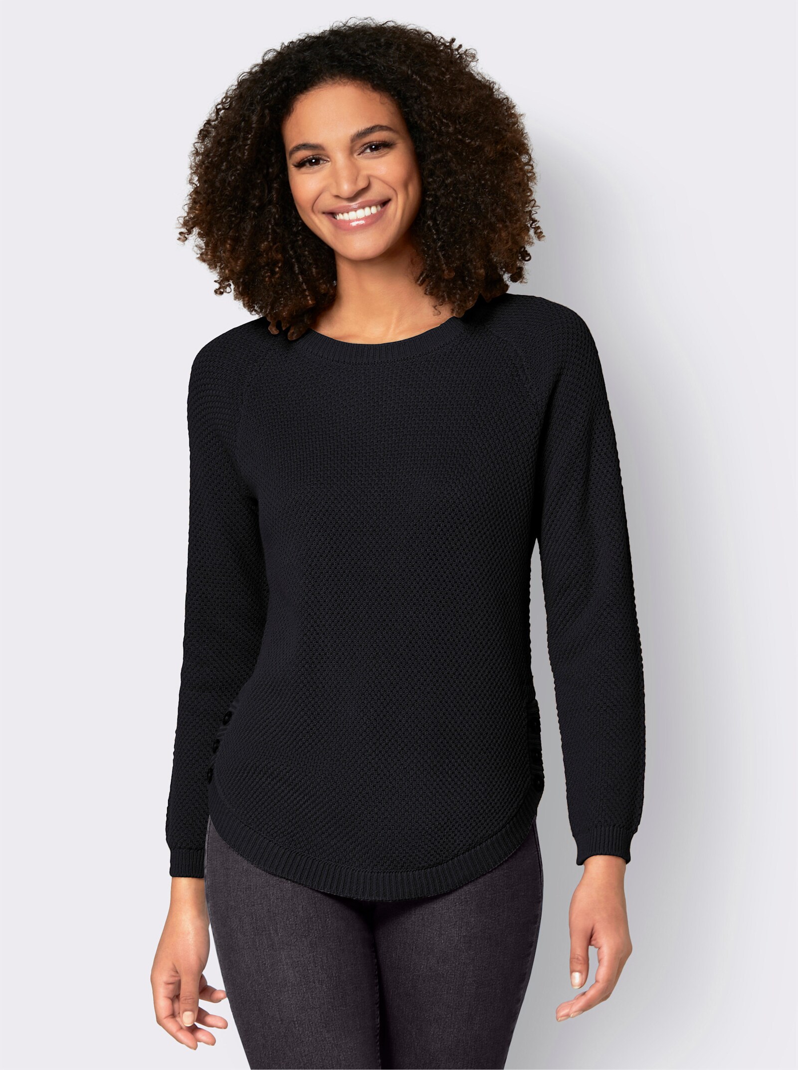 Rundhalspullover mit abgerundetem Saum - schwarz