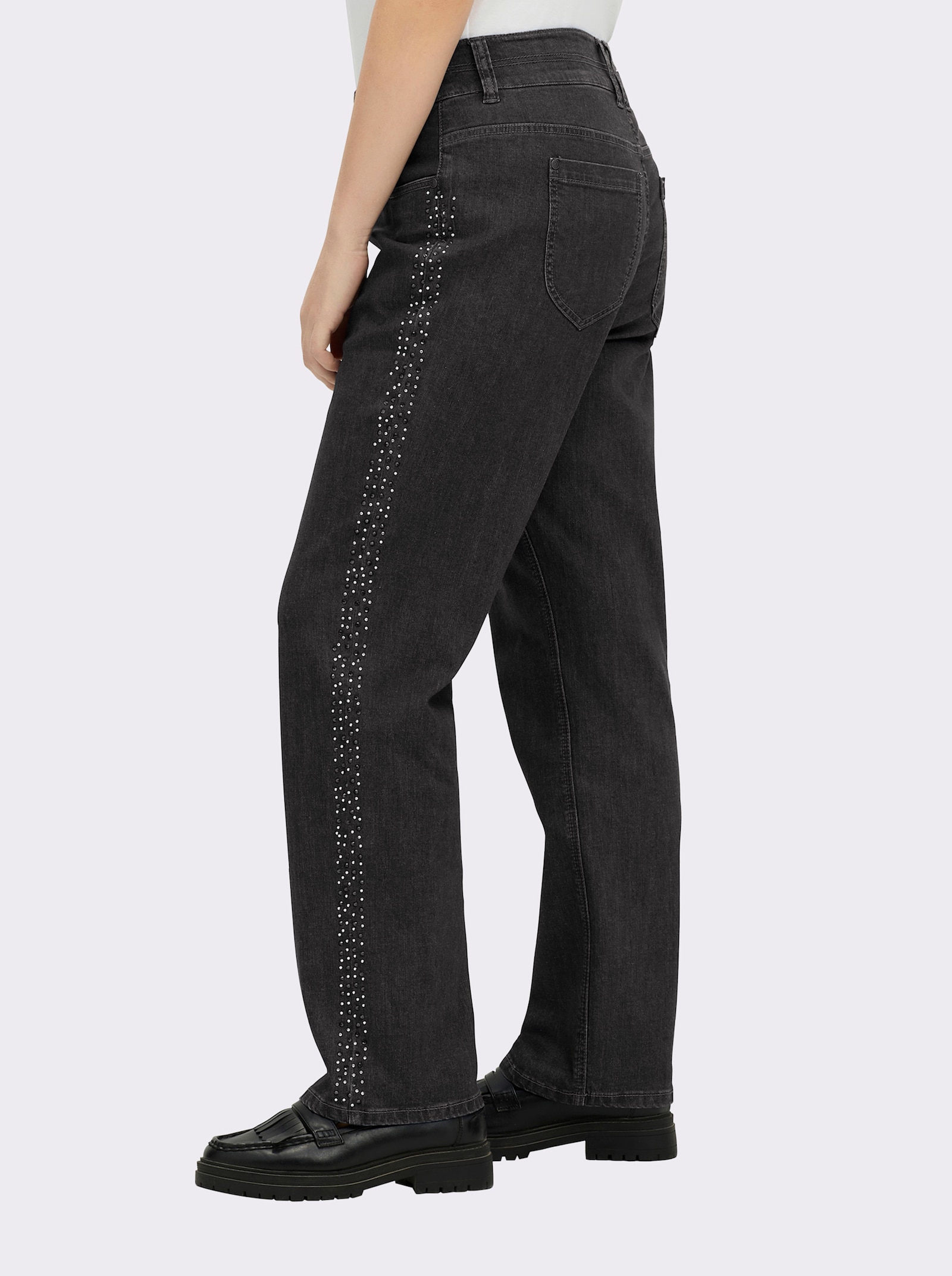 sheego Gerade Jeans mit Glitzersteinchen seitlich - black denim