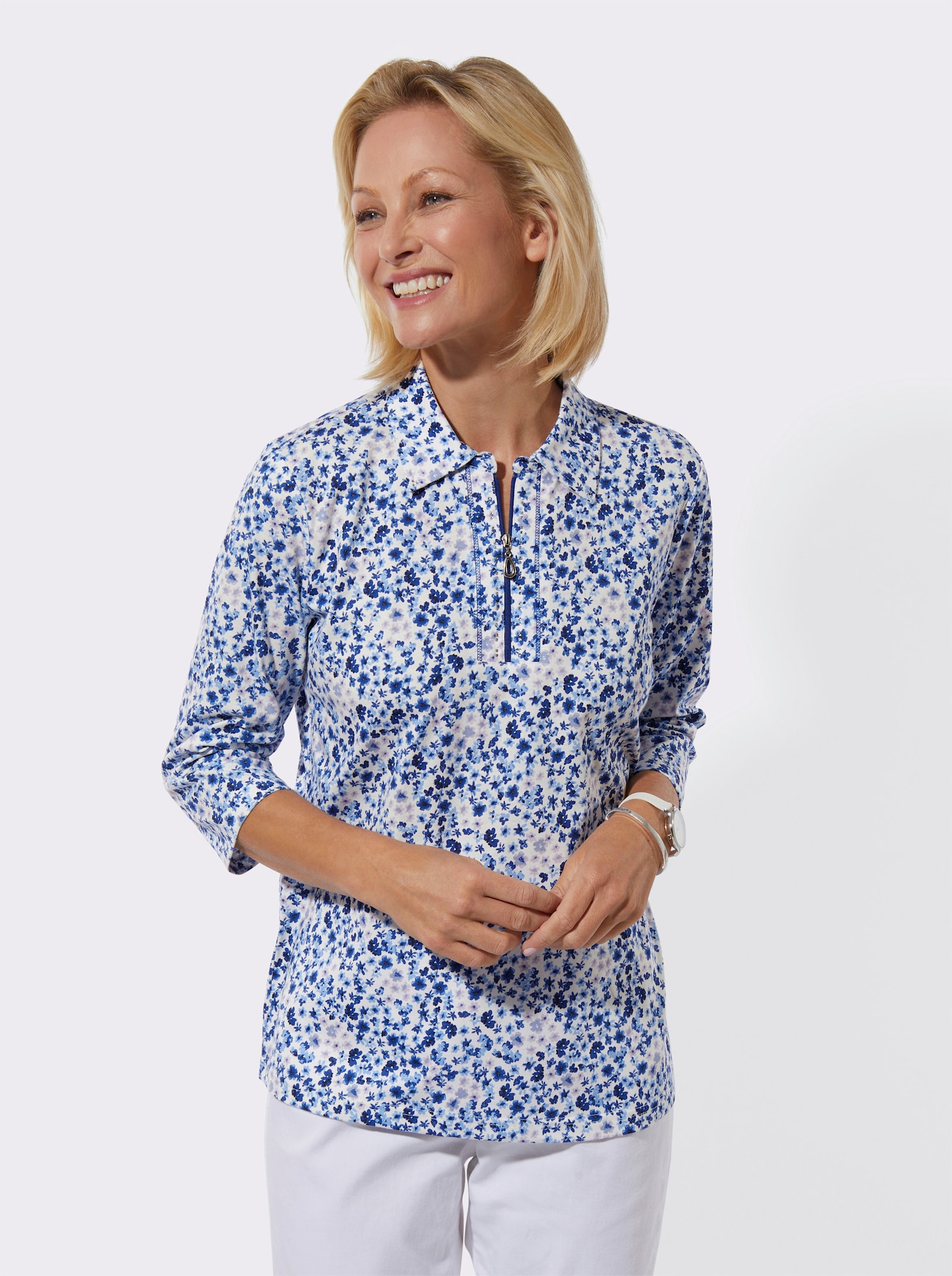 Poloshirt mit Glitzersteinchen - royalblau-ecru-bedruckt