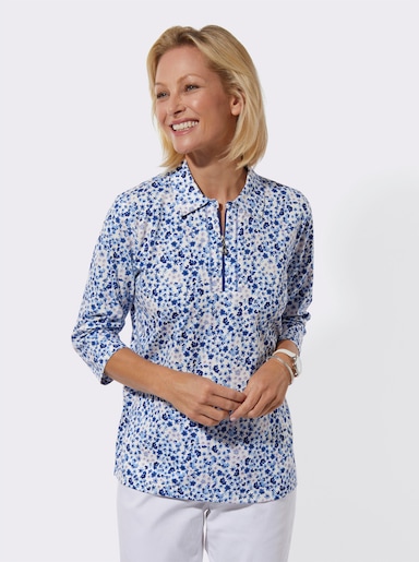 Poloshirt mit Glitzersteinchen - royalblau-ecru-bedruckt