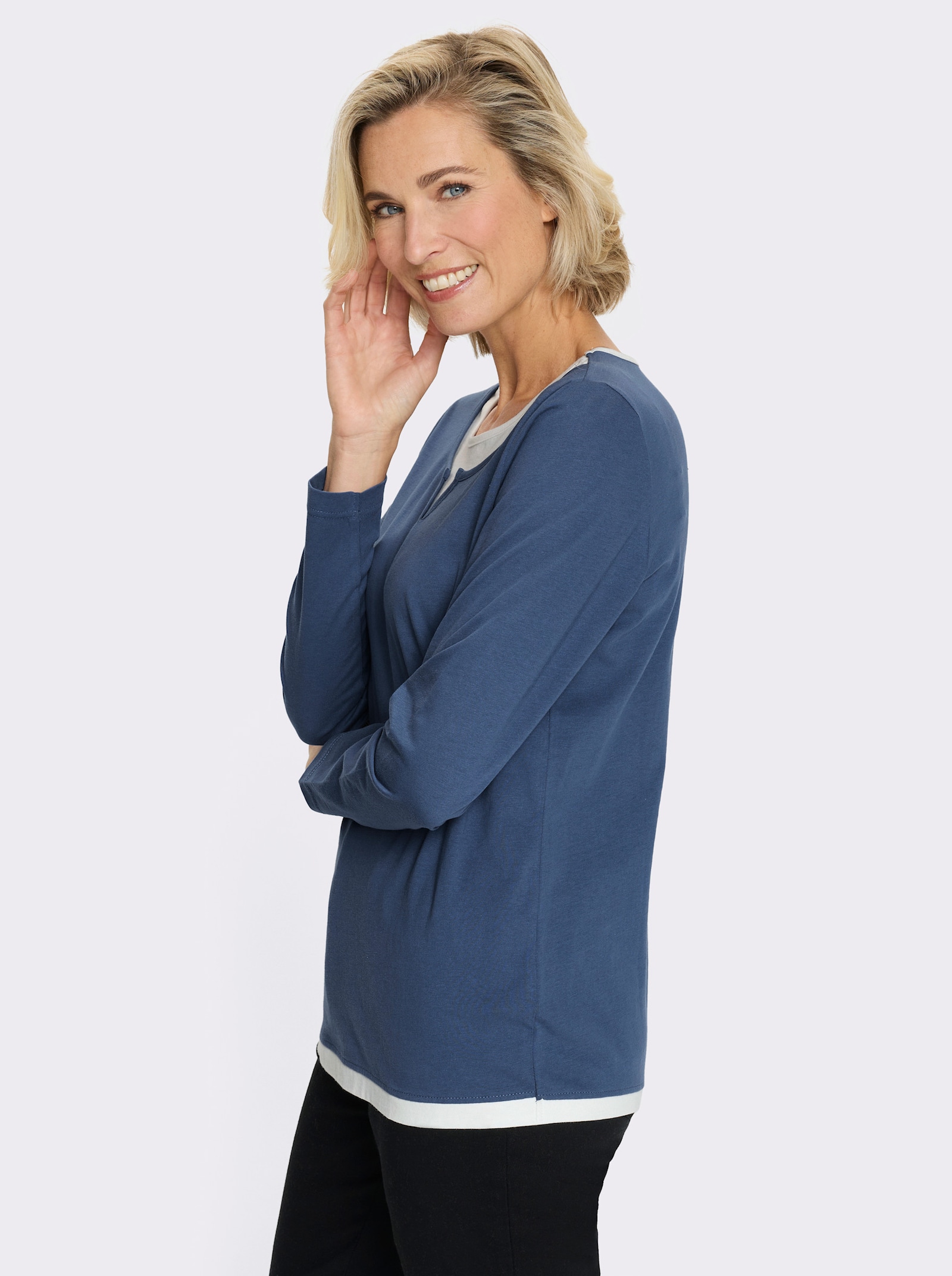 2-in-1-Shirt mit kontrastfarbenen Einsätzen - jeansblau