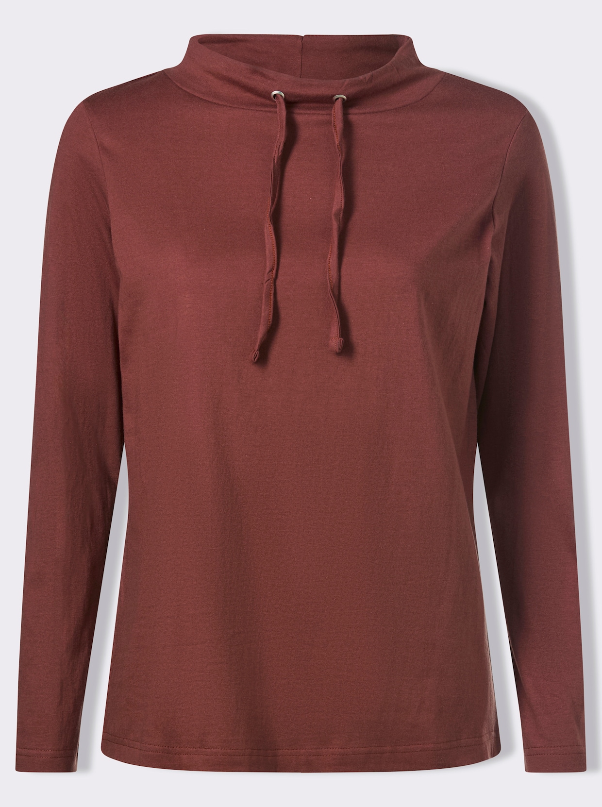 Langarmshirt mit Bindeband am Ausschnitt - rotbraun