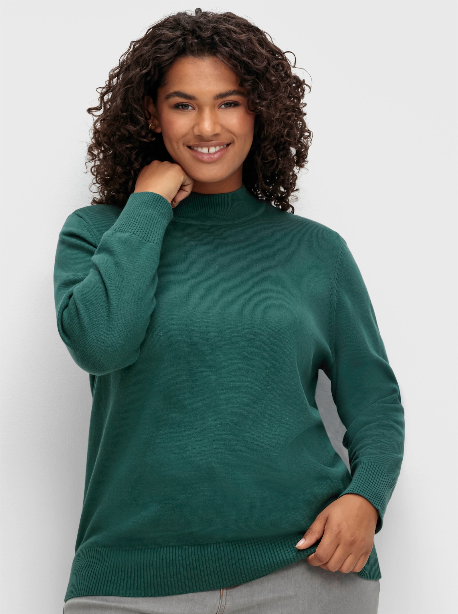 Strickpullover mit geripptem Stehkragen - tanne