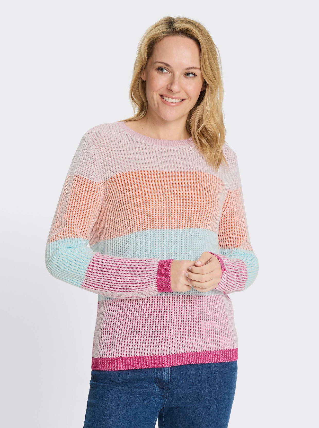 Langarm-Pullover mit Blockstreifen - fuchsia-aquamarin-gemustert
