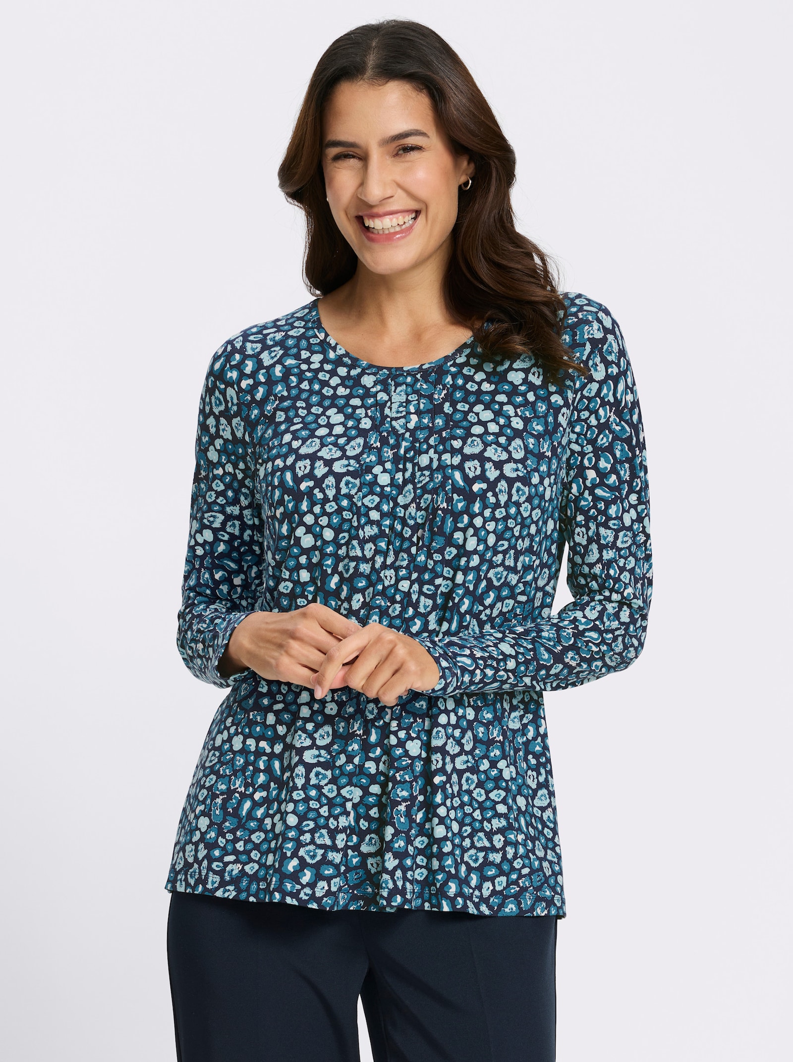 Tunikashirt mit Fältchen am Ausschnitt - marine-topas-bedruckt