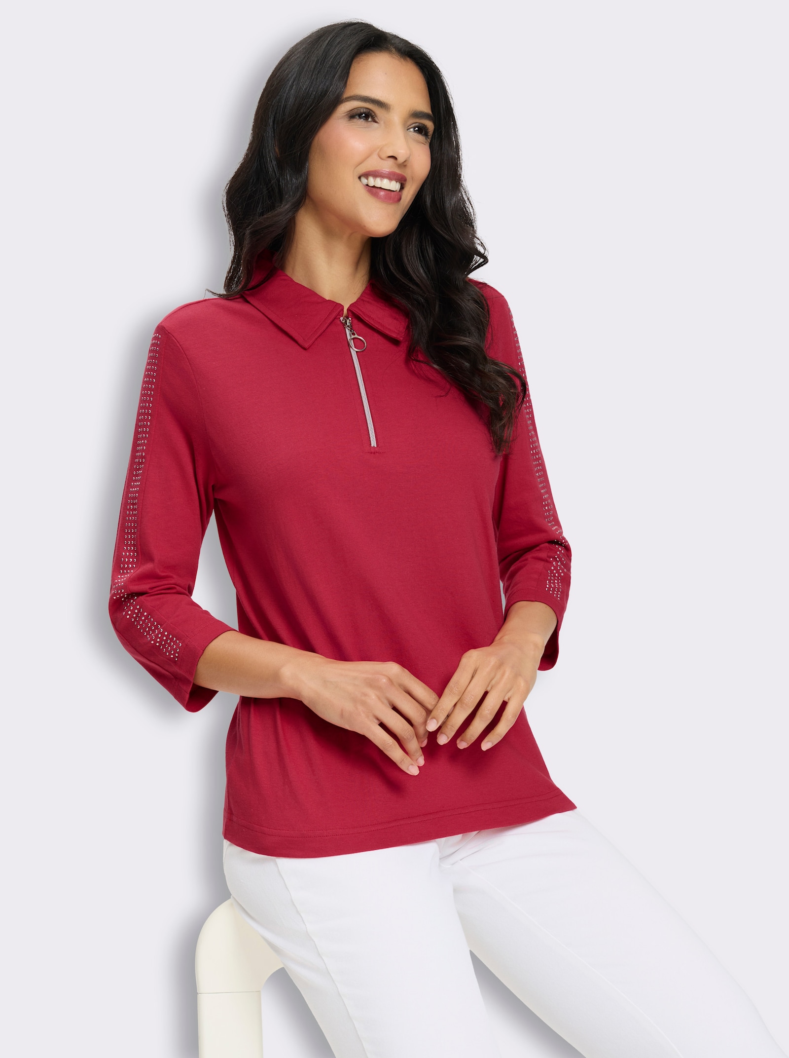 Poloshirt mit Glitzersteinchen - erdbeere