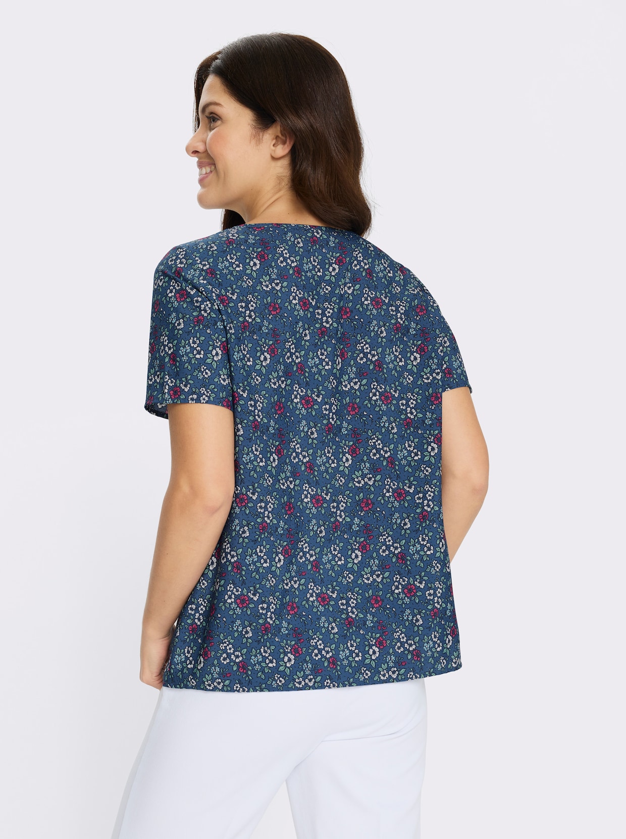Schlupfbluse mit Millefleurs - jeansblau-fuchsia-bedruckt