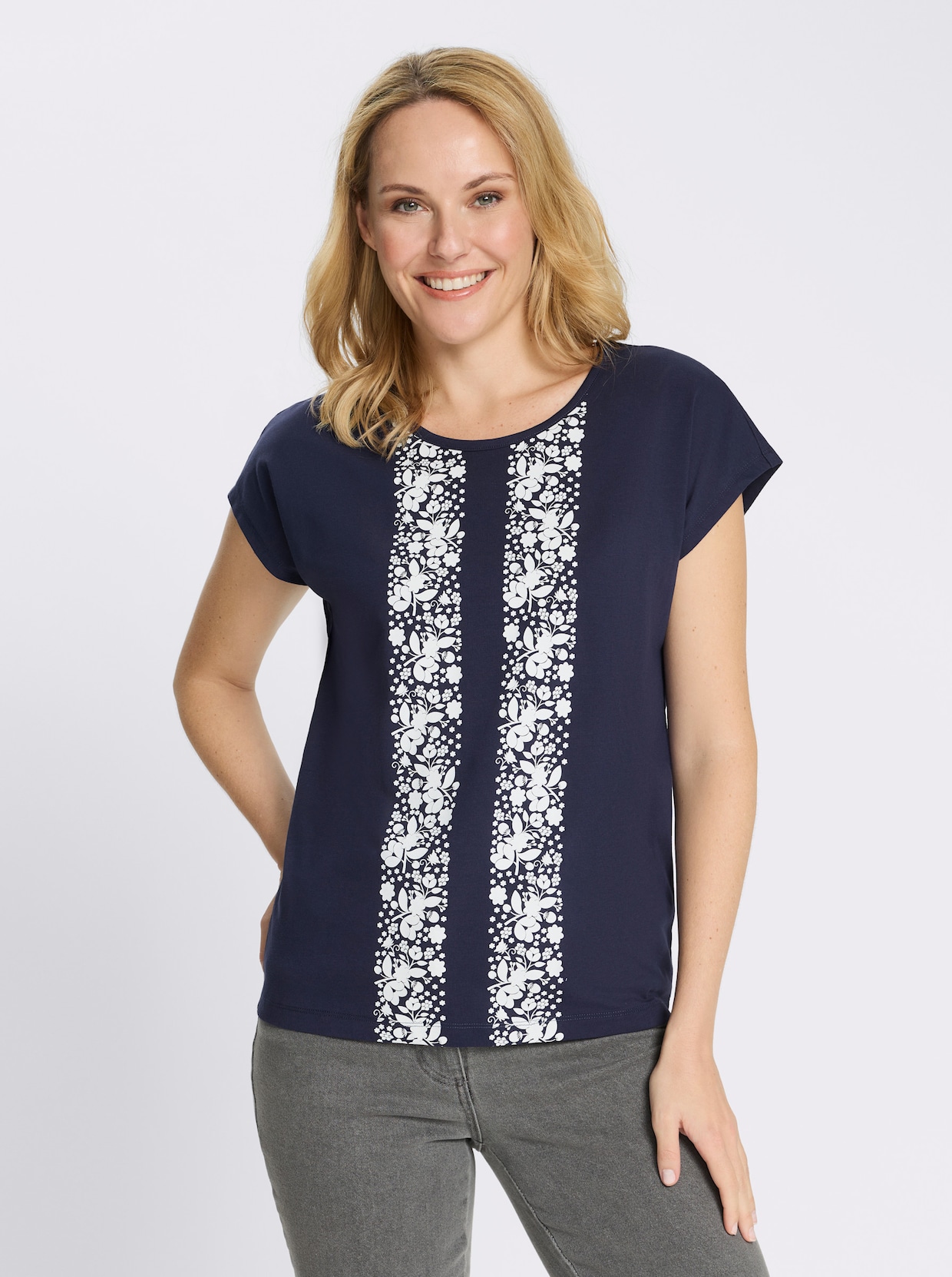 Kurzarmshirt mit Blumenmuster - marine-weiß