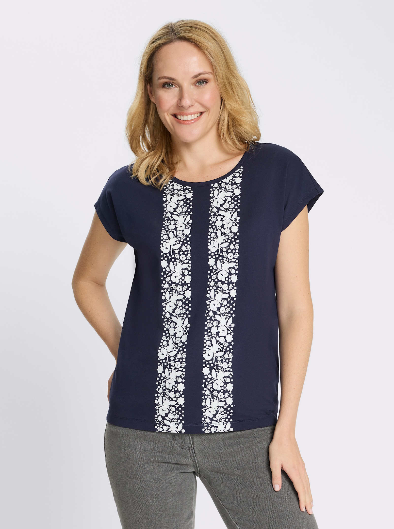 Kurzarmshirt mit Blumenmuster - marine-weiß