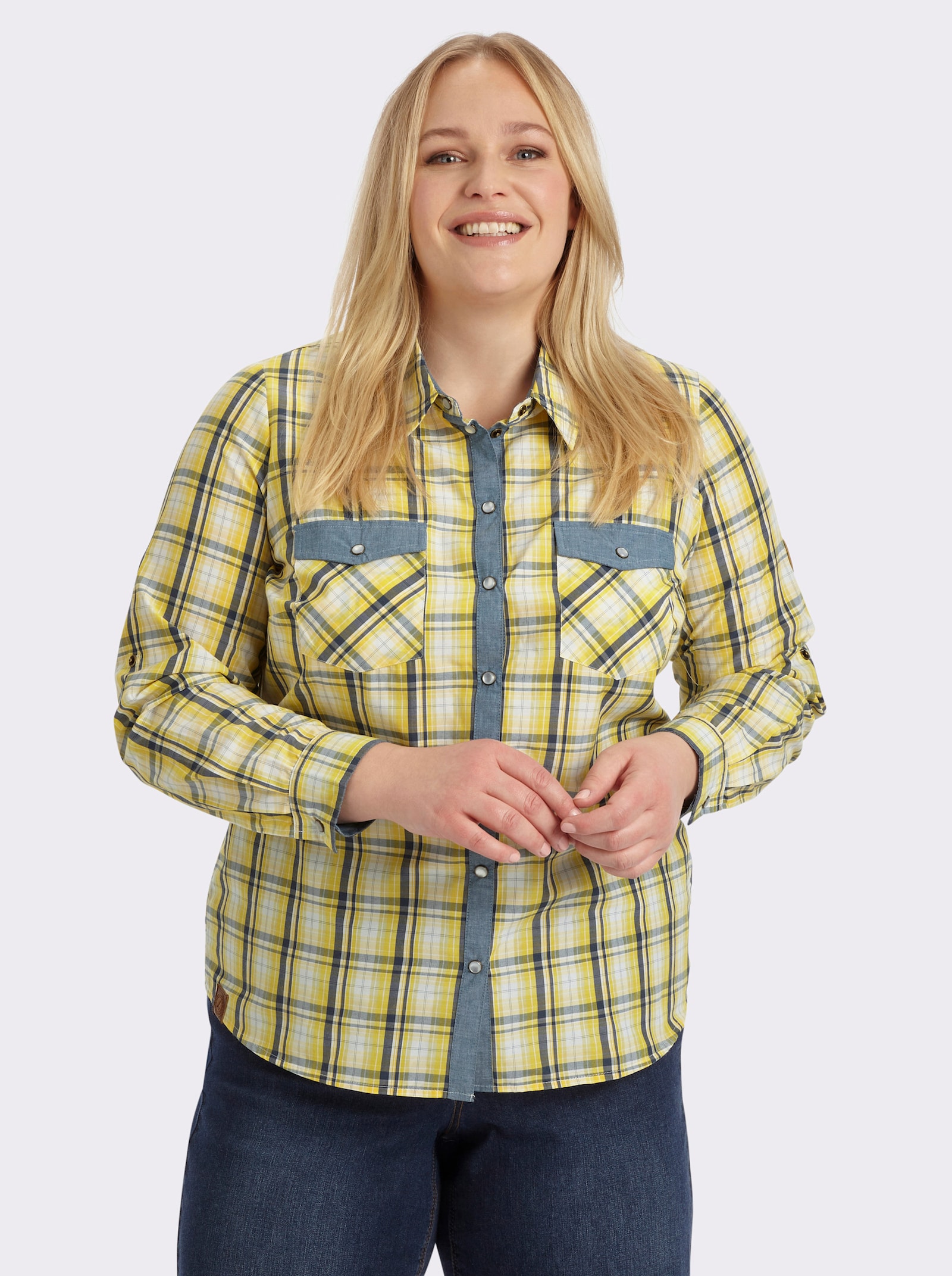 Karobluse mit aufgesetzten Brusttaschen - sonnengelb-weiß-kariert