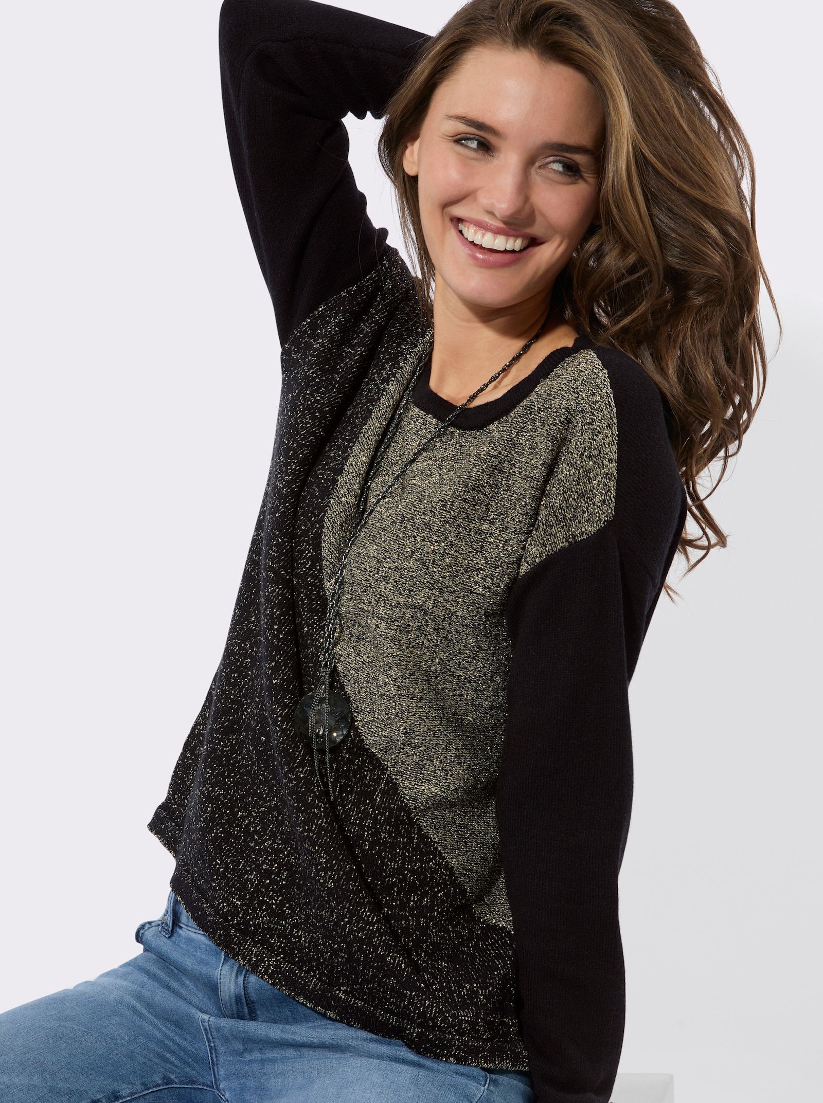 Rundhalspullover in Melange-Optik - schwarz-metallicfarben