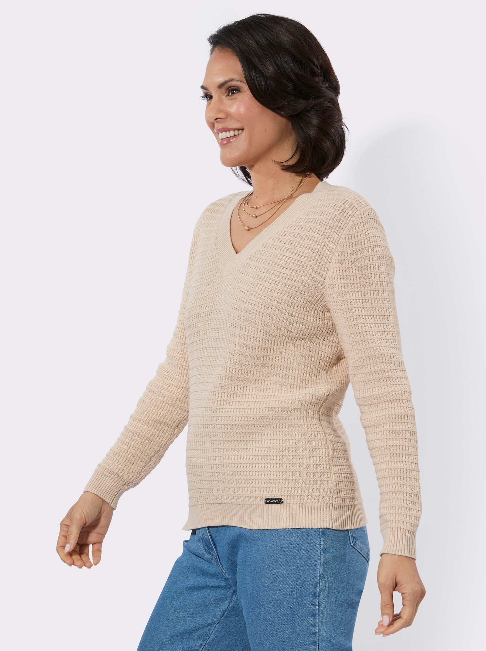 V-Ausschnitt-Pullover mit geripptem Saum - elfenbein