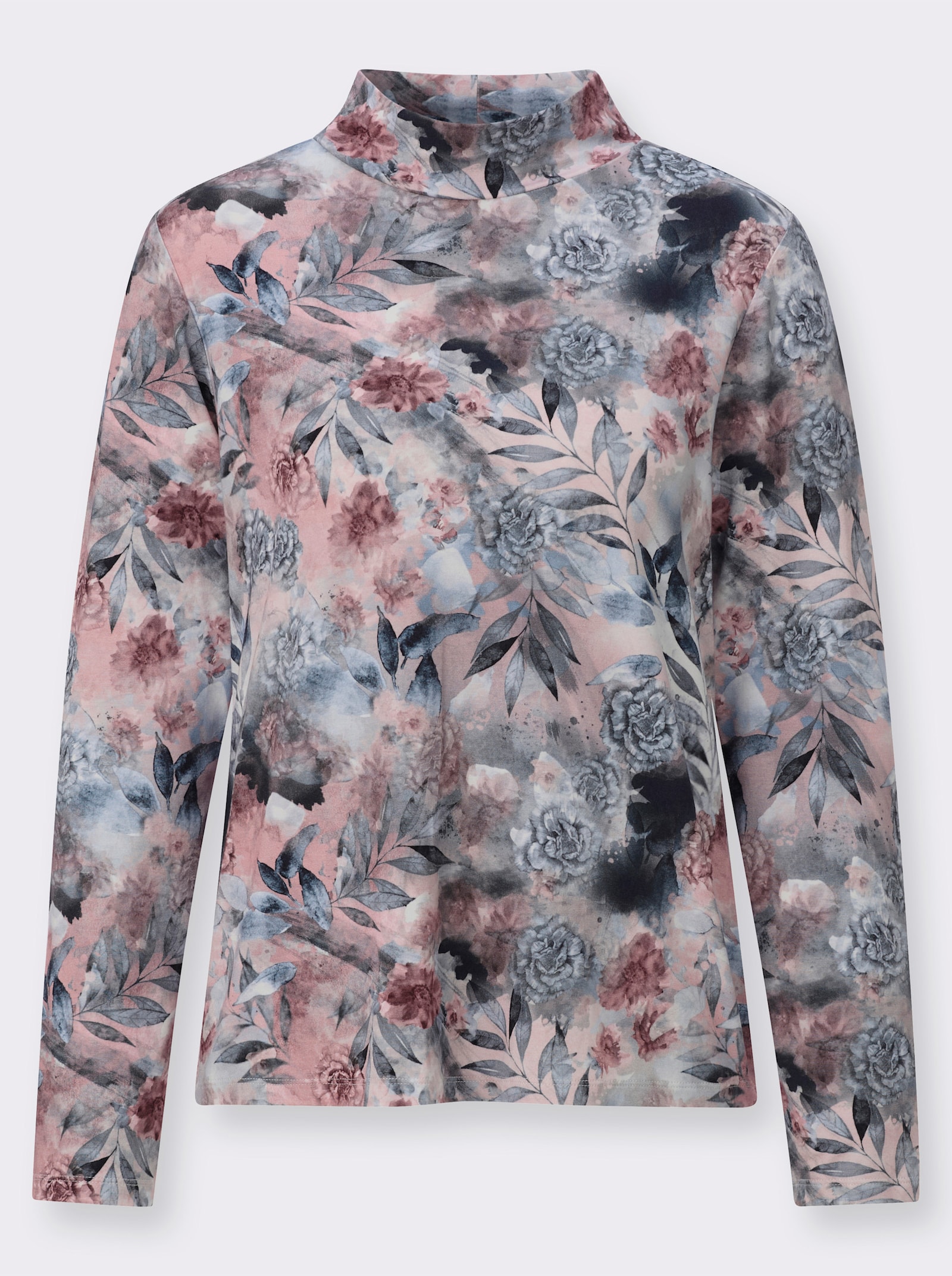 Stehkragenshirt im floralen Dessin - hortensie-rauchblau-bedruckt