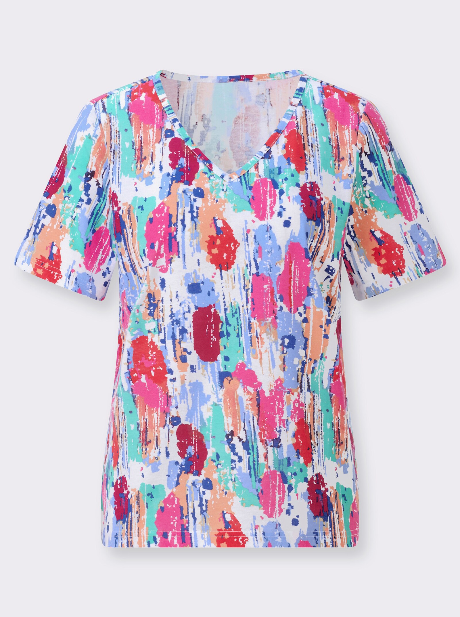 V-Shirt mit grafischem Muster - himmelblau-fuchsia-bedruckt