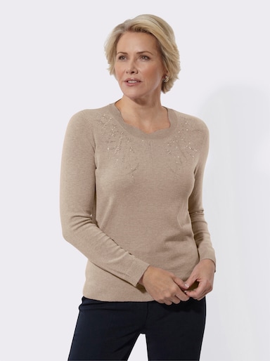 Langarm-Pullover mit Glitzersteinchen und Stickerei - beige-meliert