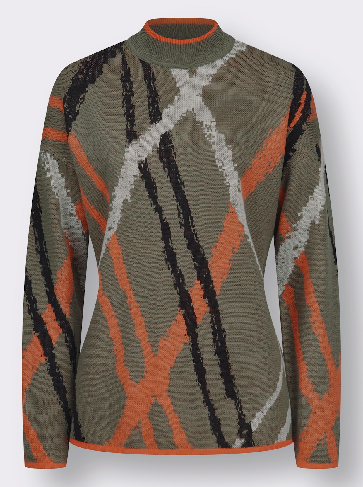 Stehkragenpullover - khaki-orange-gemustert