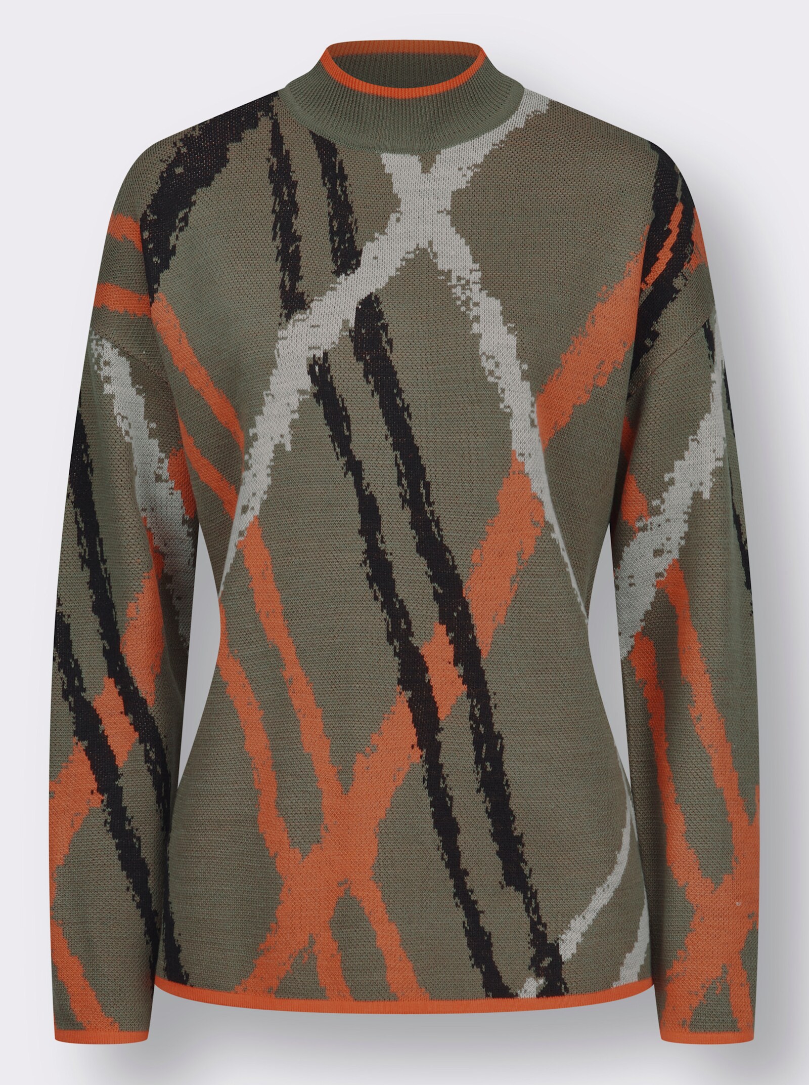 Stehkragenpullover mit Jacquardmuster - khaki-orange-gemustert