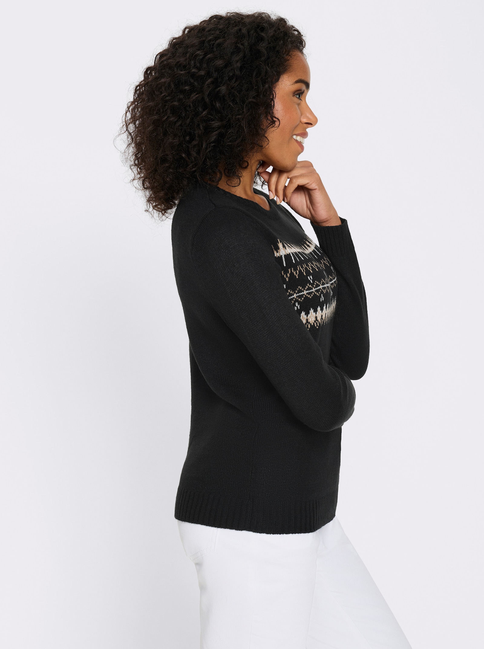 Langarm-Pullover mit Jacquard-Muster - schwarz-camel-gemustert