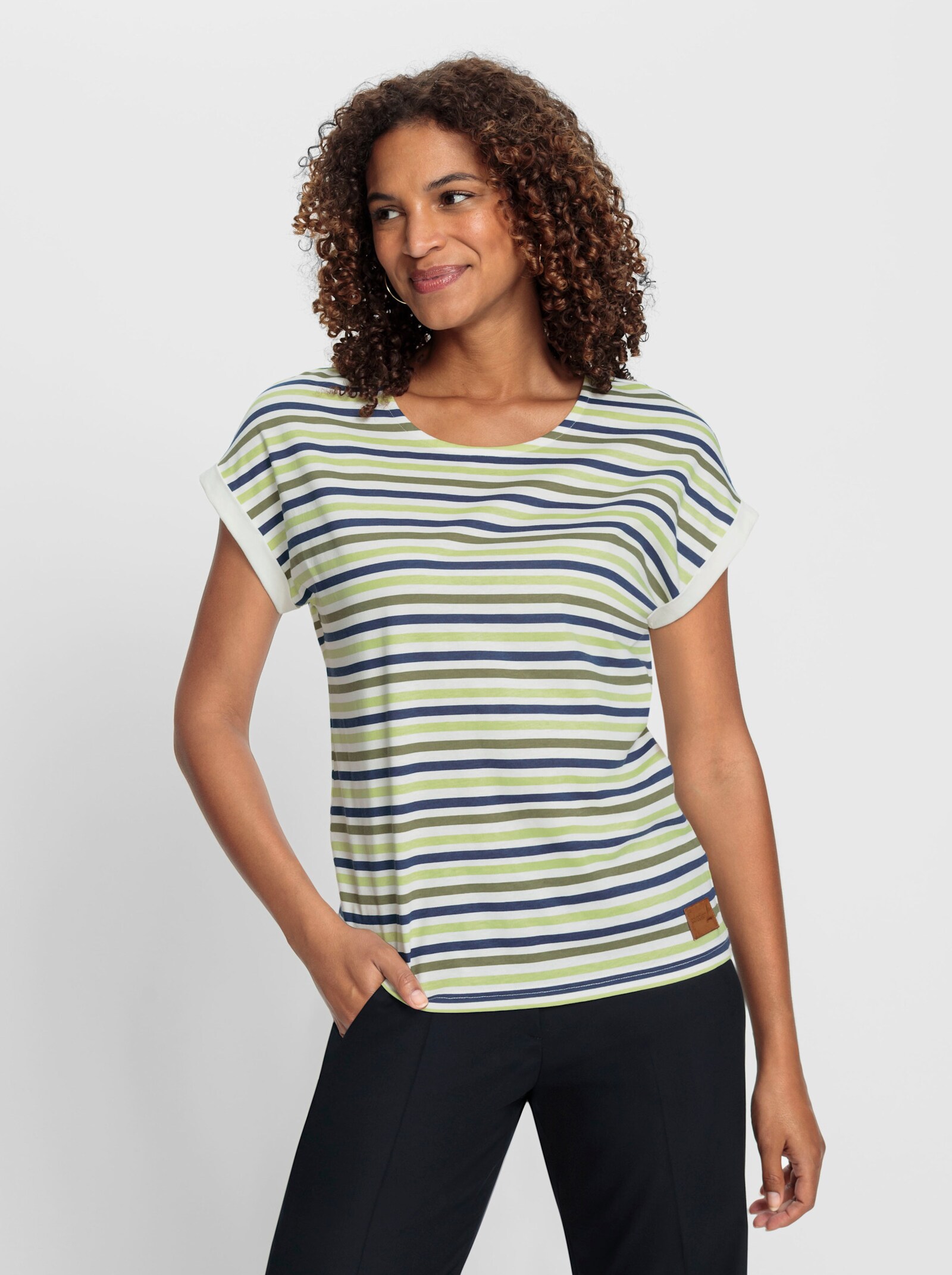 Streepjesshirt met afgeronde zoom voor - ecru/kaki geprint