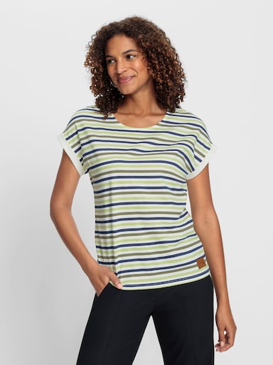 Ringelshirt mit gerundetem Saum vorne - ecru-khaki-bedruckt