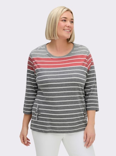 3/4-Arm-Shirt mit 2 imitierten Taschen - anthrazit-koralle-gestreift