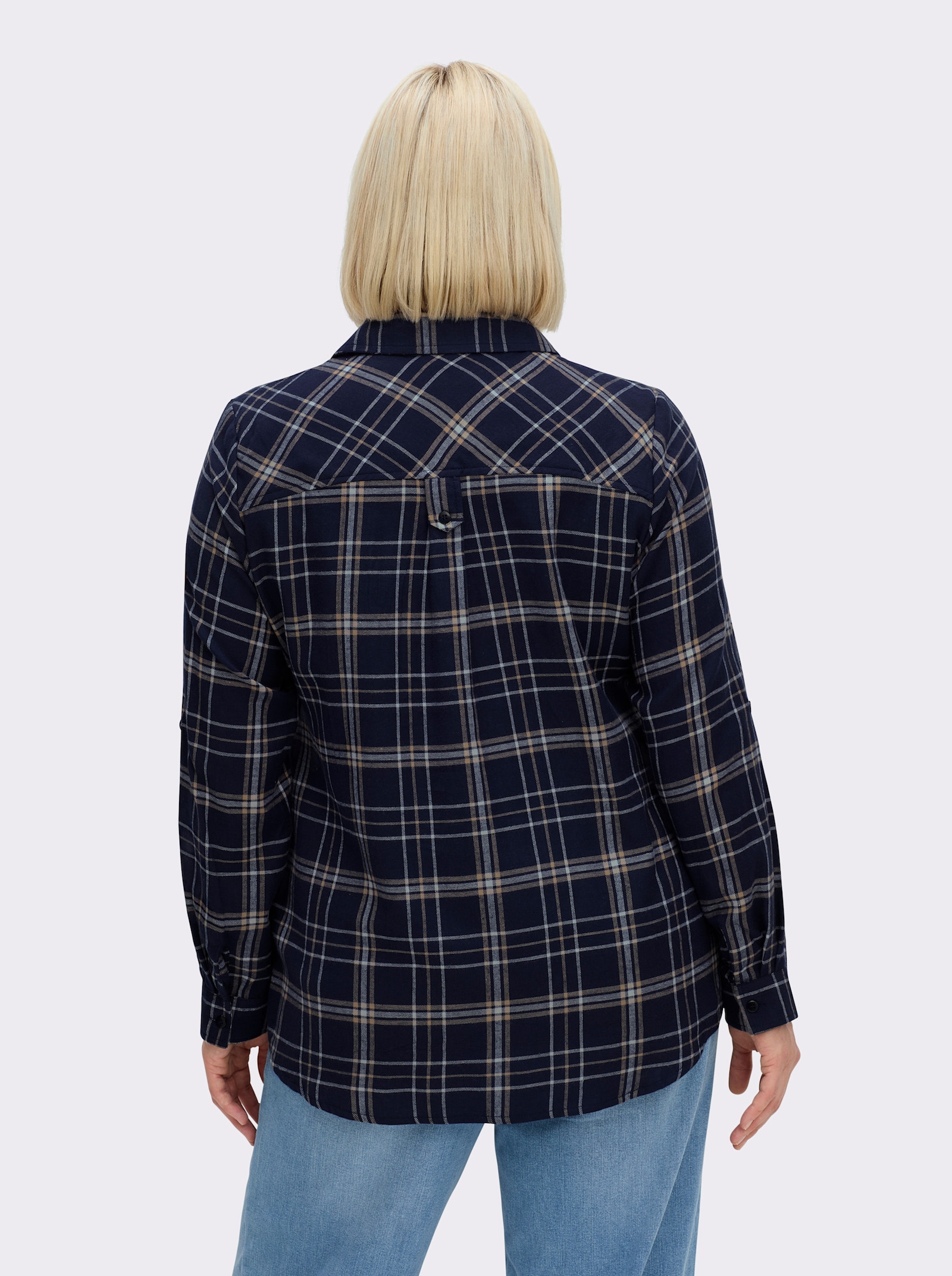 Flanellbluse mit krempelbaren Ärmeln - marine-weiß-kariert