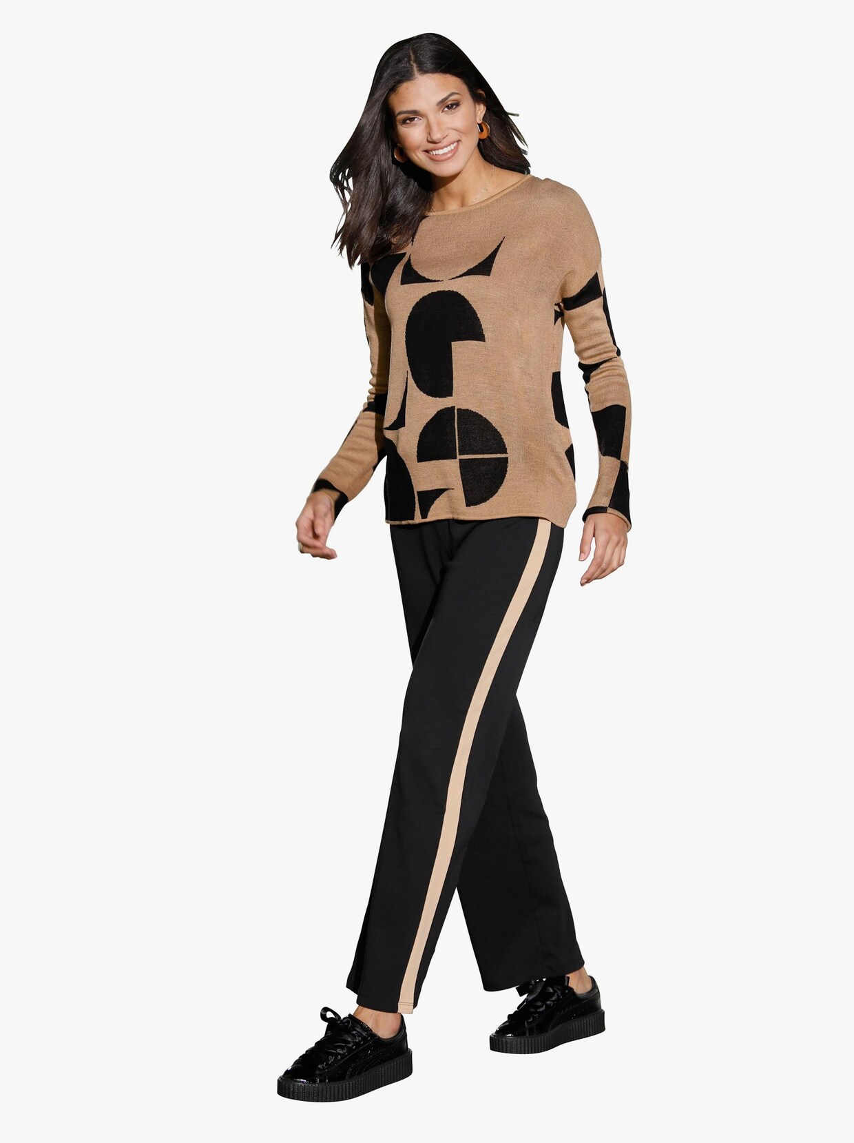 Pullover met korte mouwen - camel/zwart gedessineerd